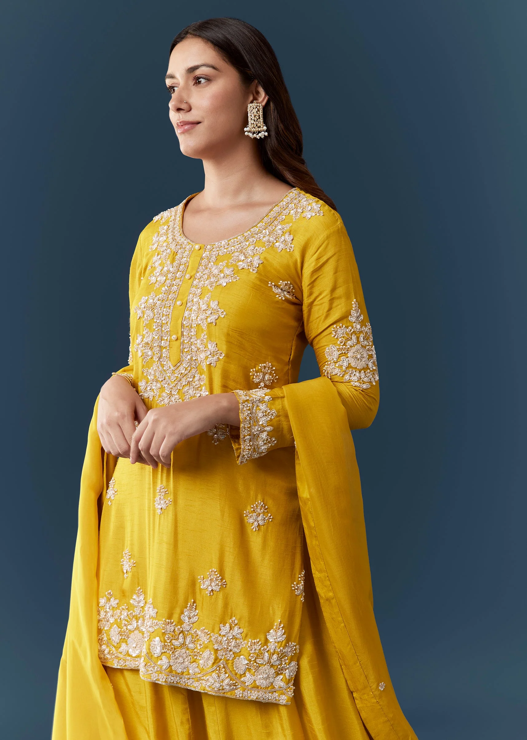 Yellow Cutdana Work Kurta and Skirt Set - Image 4