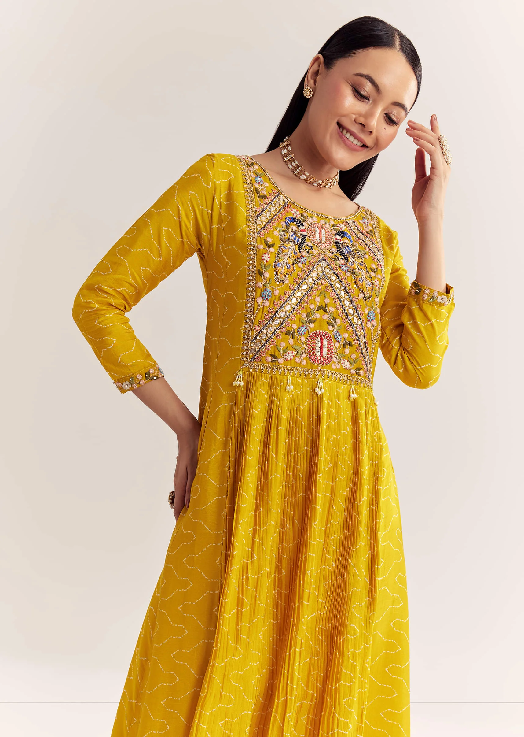Yellow Dola Silk Gown With Embroidery - Image 4