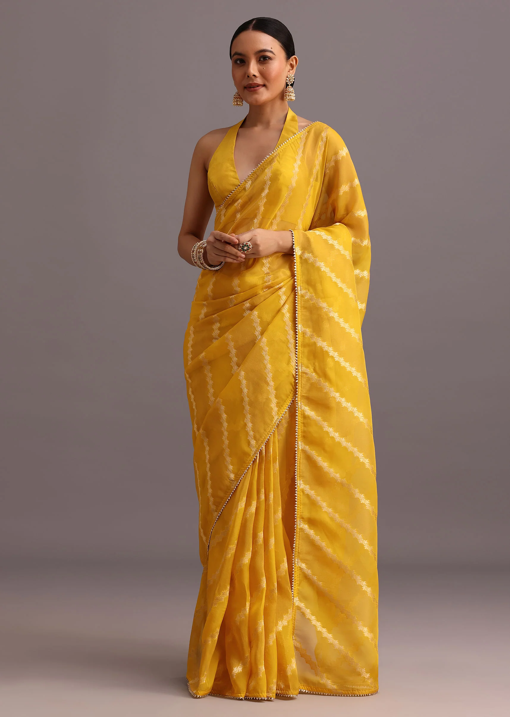 Yellow Dola Silk Leheriya Woven Saree With Gotta Patti Border - Image 3