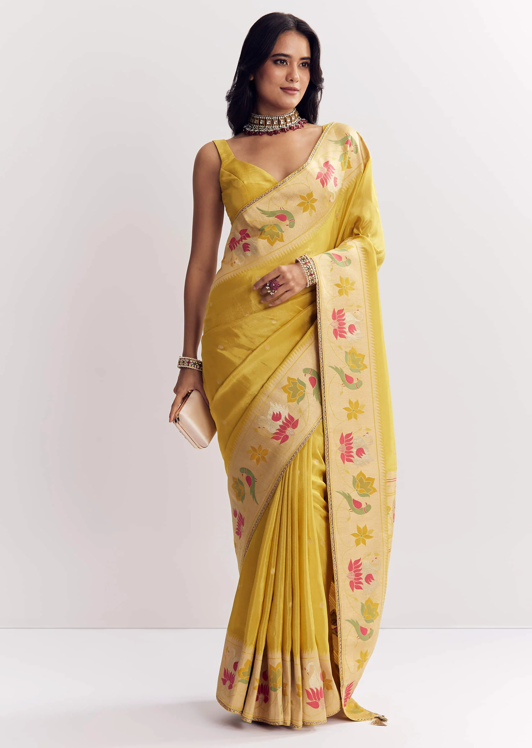 Yellow Dola Silk Paithani Saree With Dollar Butti And Multicolor Motif - Image 3