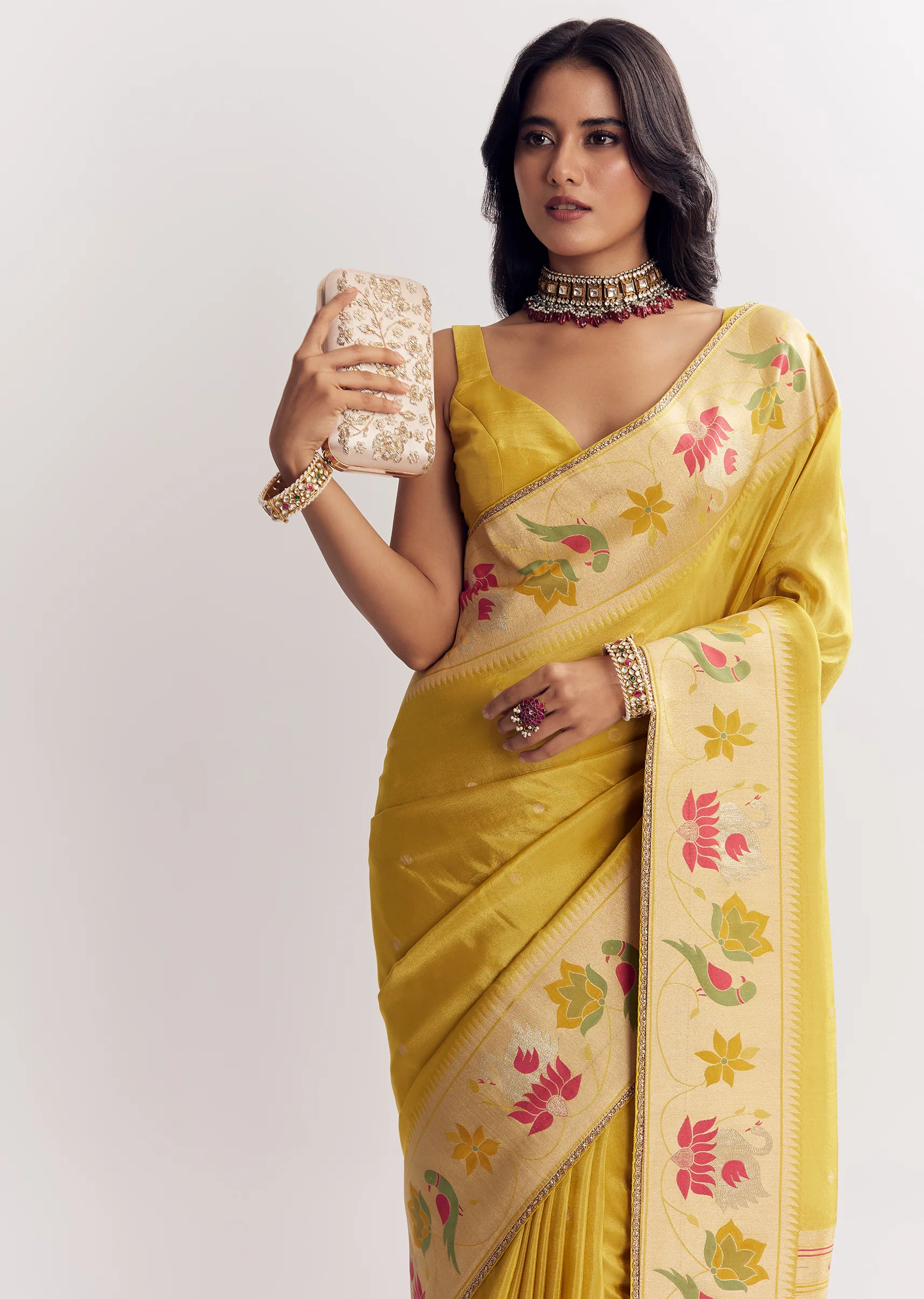 Yellow Dola Silk Paithani Saree With Dollar Butti And Multicolor Motif - Image 5
