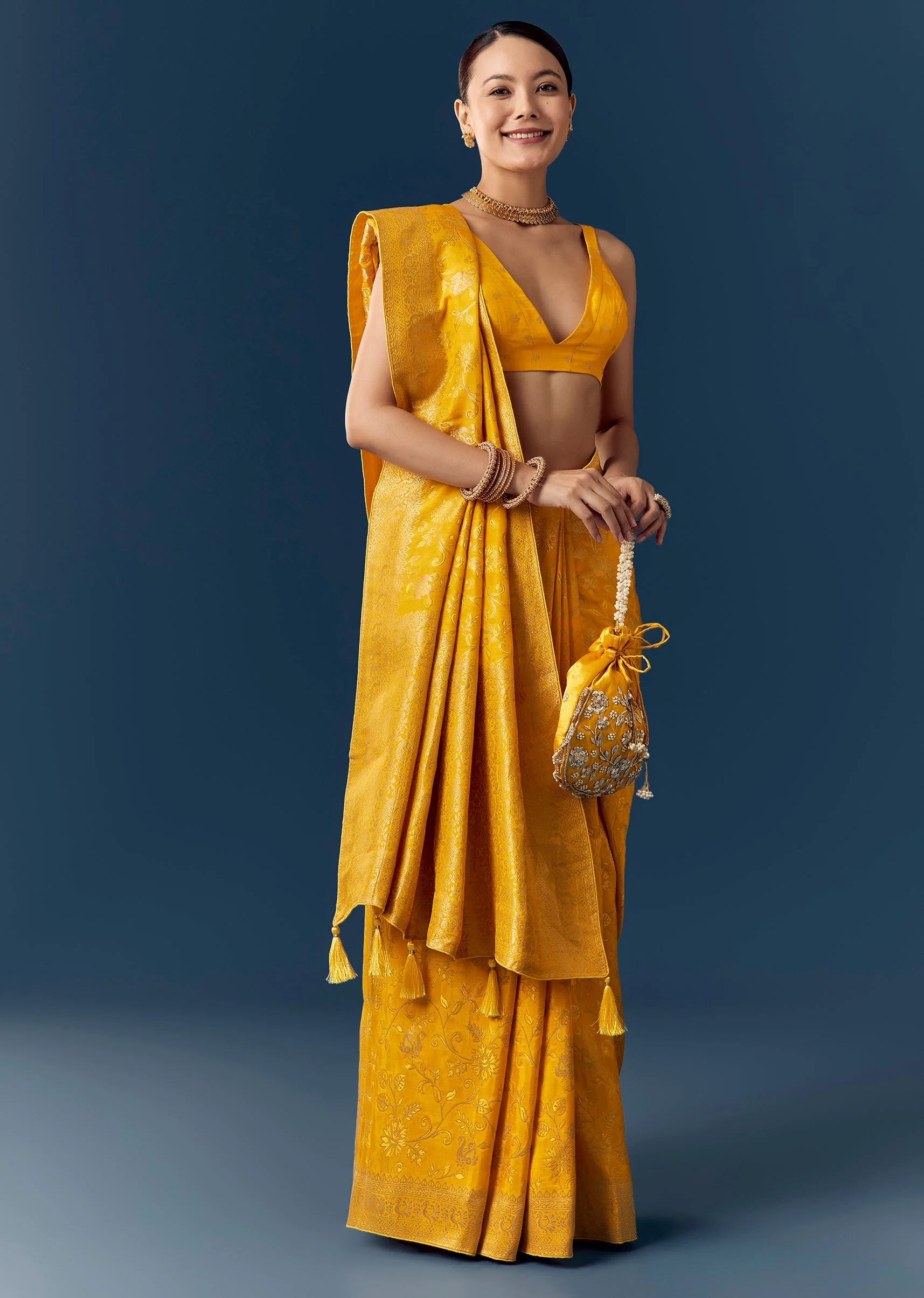 Yellow Dola Silk Saree with Floral Jaal Weave