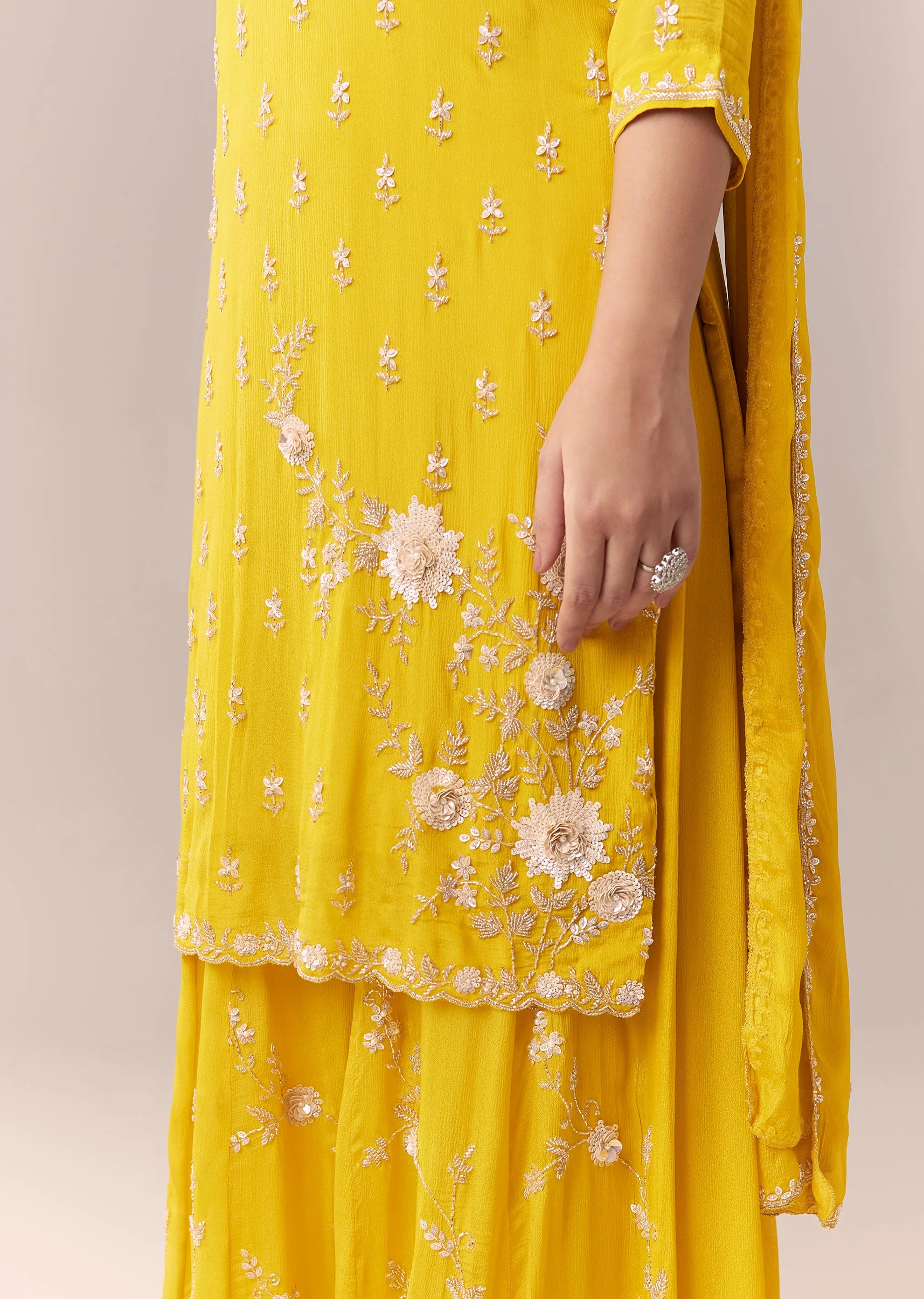 Yellow Embellished Palazzo Suit Set With Dupatta - Image 2