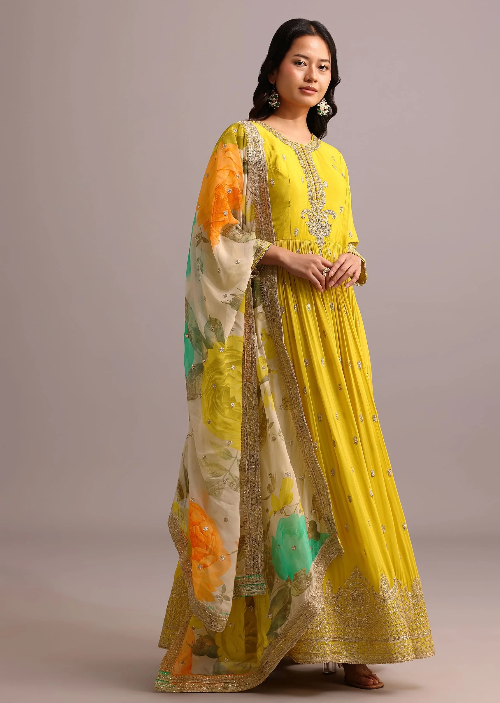 Yellow Embroidered Anarkali With Floral Printed Organza Dupatta - Image 3
