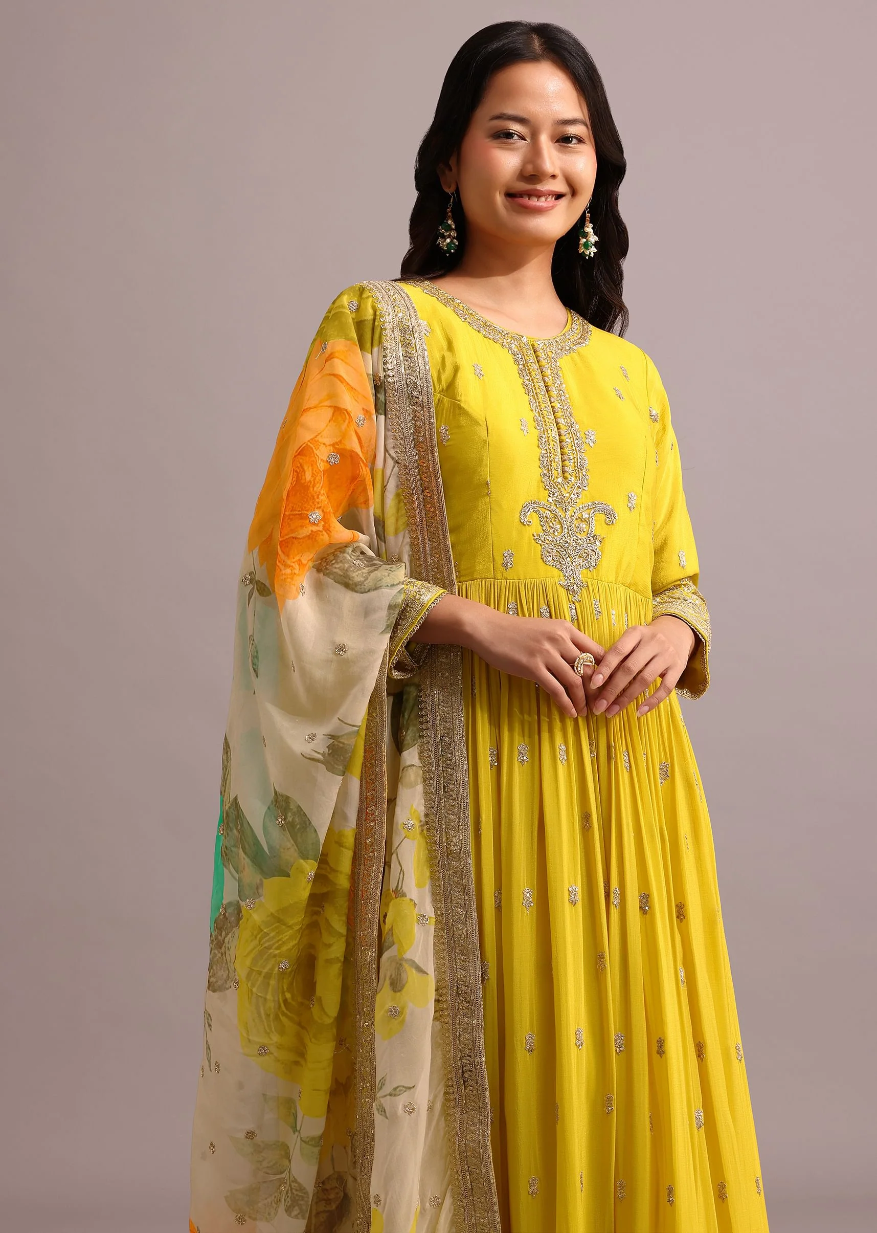 Yellow Embroidered Anarkali With Floral Printed Organza Dupatta - Image 4