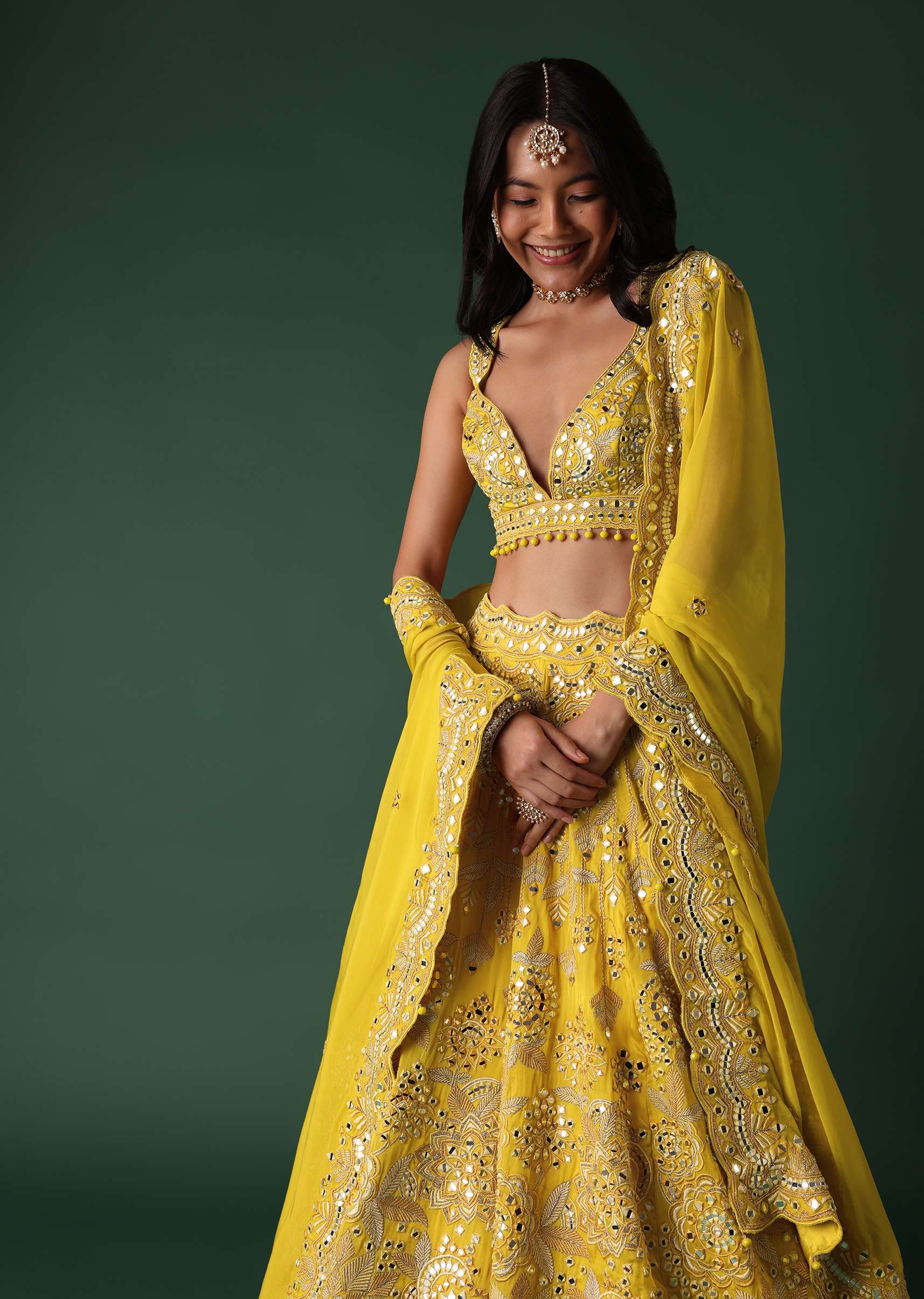 Yellow Embroidered Bridal Lehenga And Blouse Set With Mirror Work - Image 4