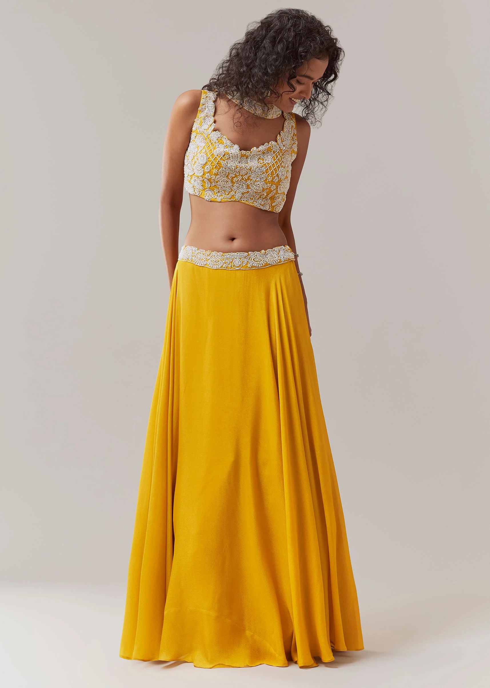 Yellow Embroidered Chinon Silk Lehenga Set - Image 3
