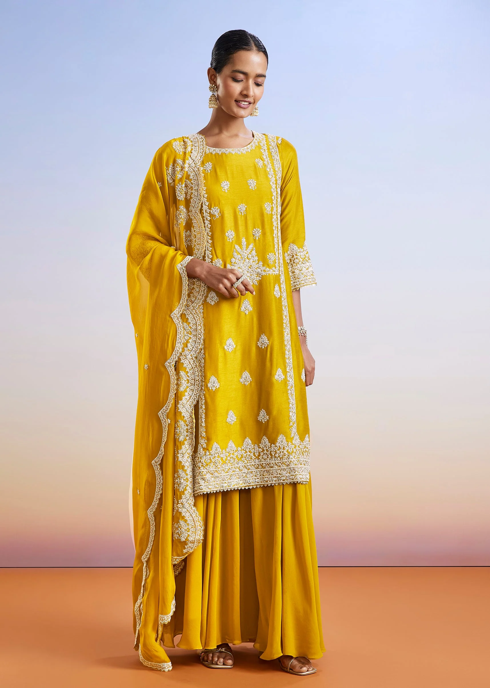 Yellow Embroidered Dola Silk Palazzo Suit With Dupatta - Image 3