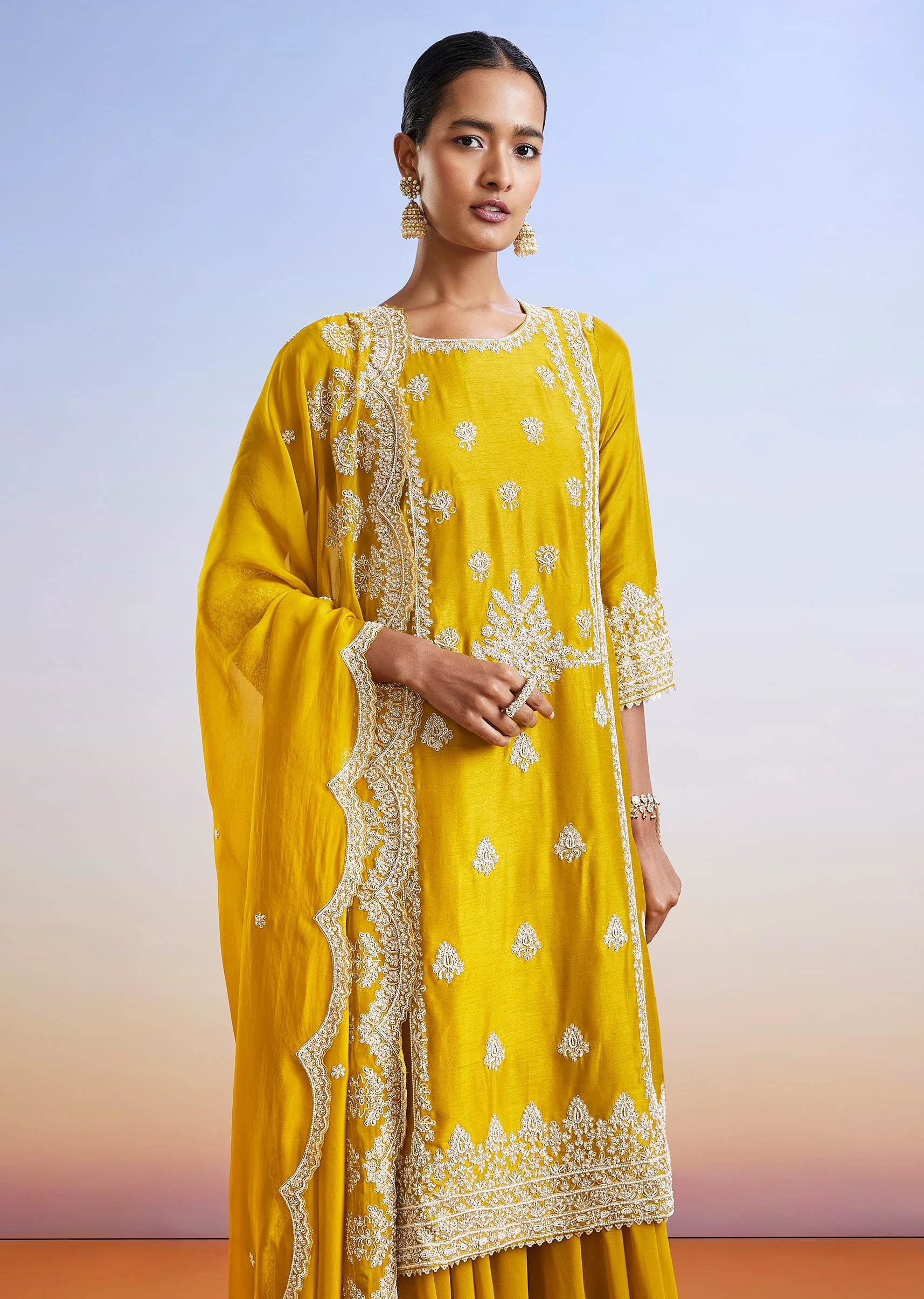 Yellow Embroidered Dola Silk Palazzo Suit With Dupatta - Image 4