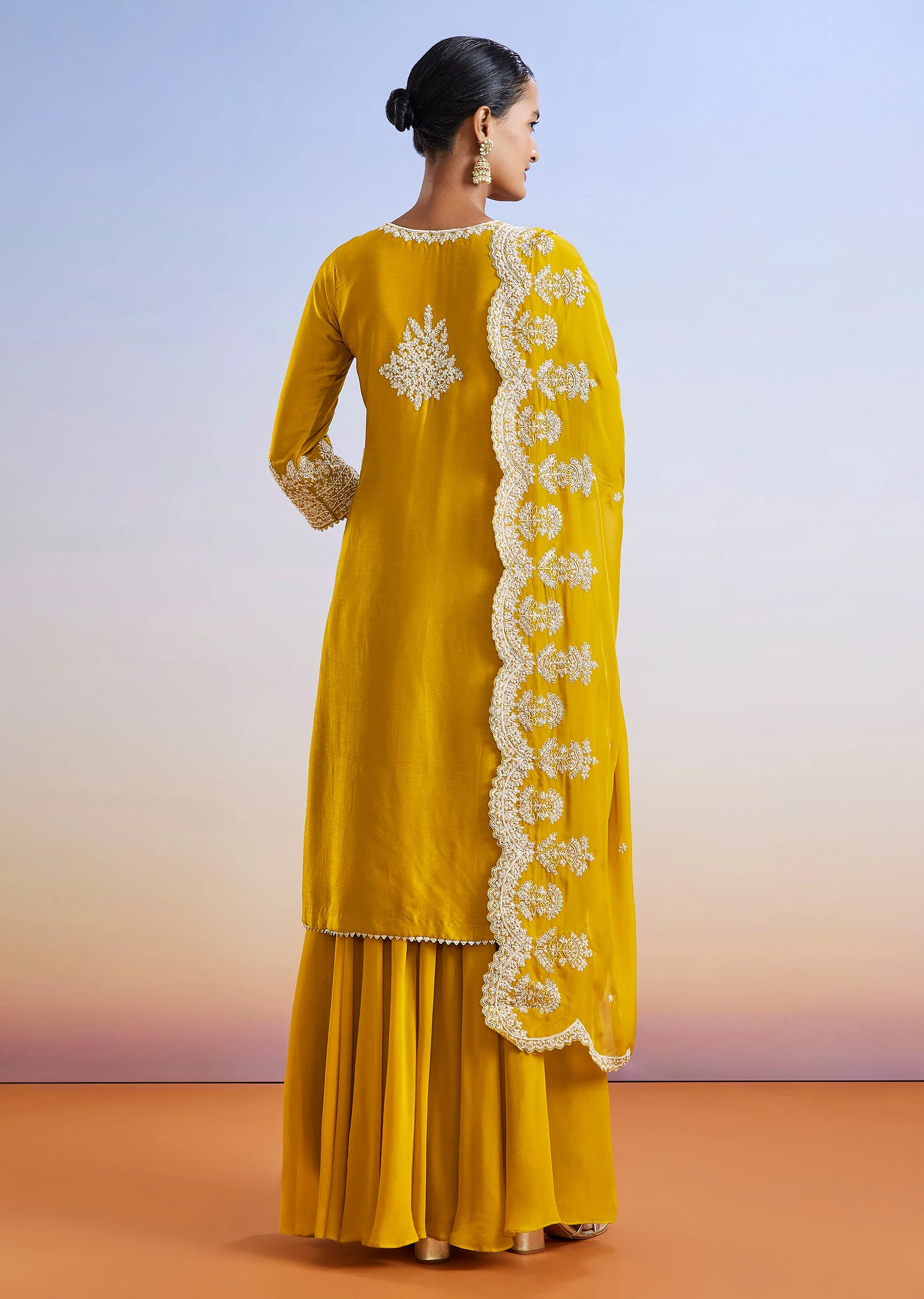 Yellow Embroidered Dola Silk Palazzo Suit With Dupatta - Image 5