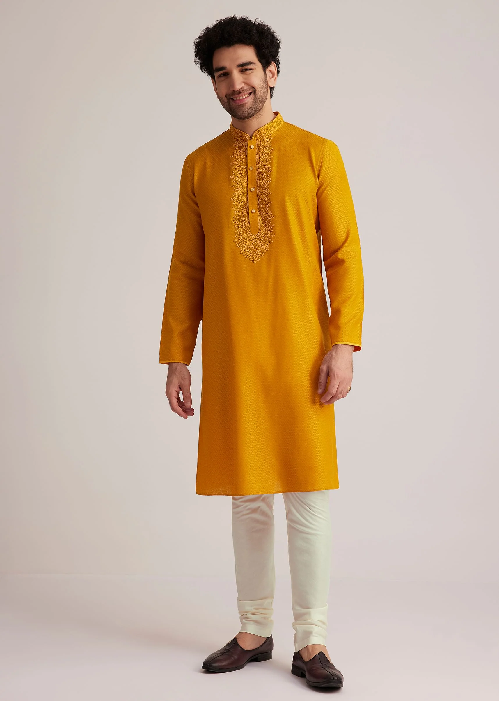 Yellow Embroidered Silk Kurta Set - Image 2