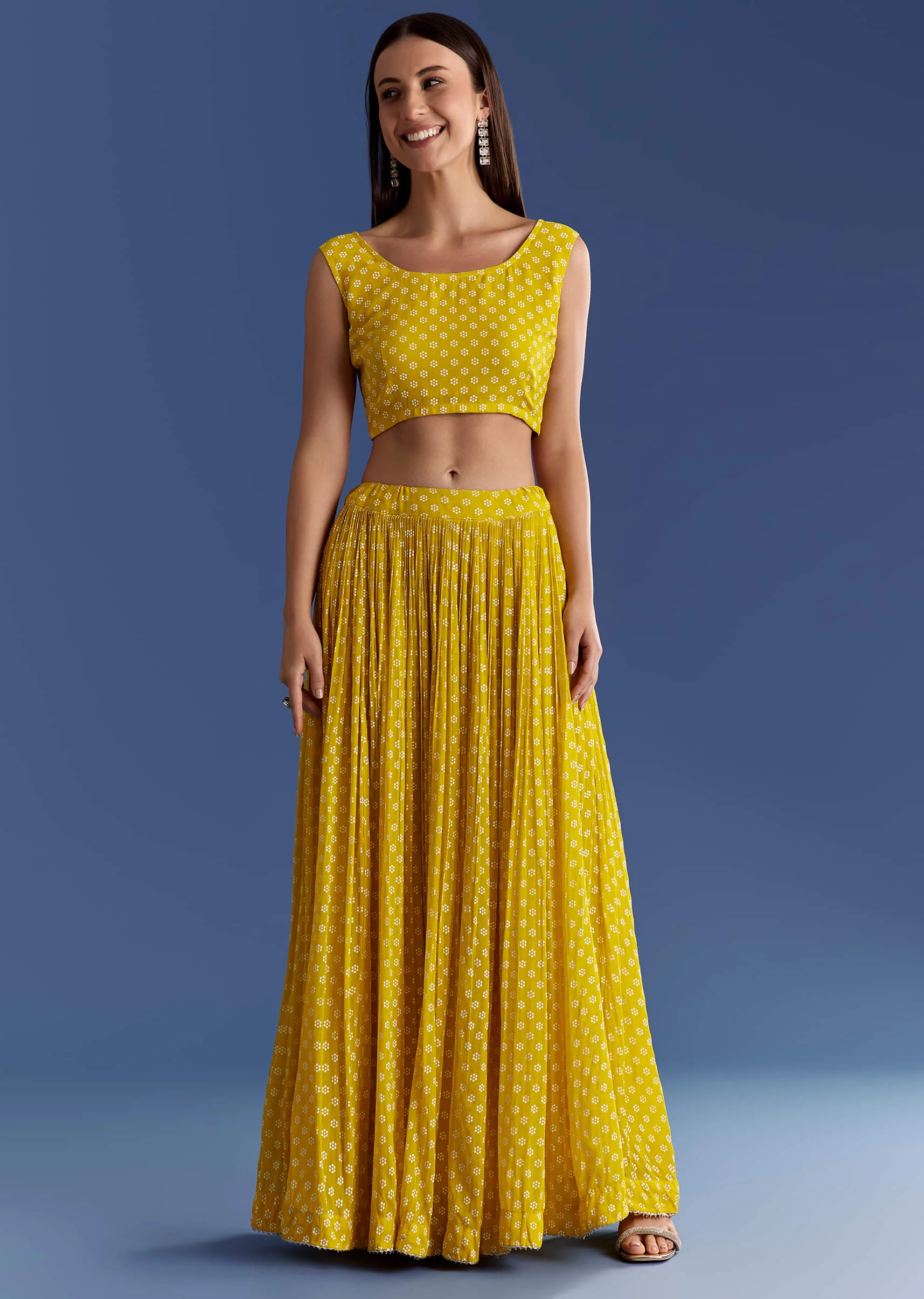 Yellow Floral Georgette Lehenga Set With Zardosi Croptop - Image 6