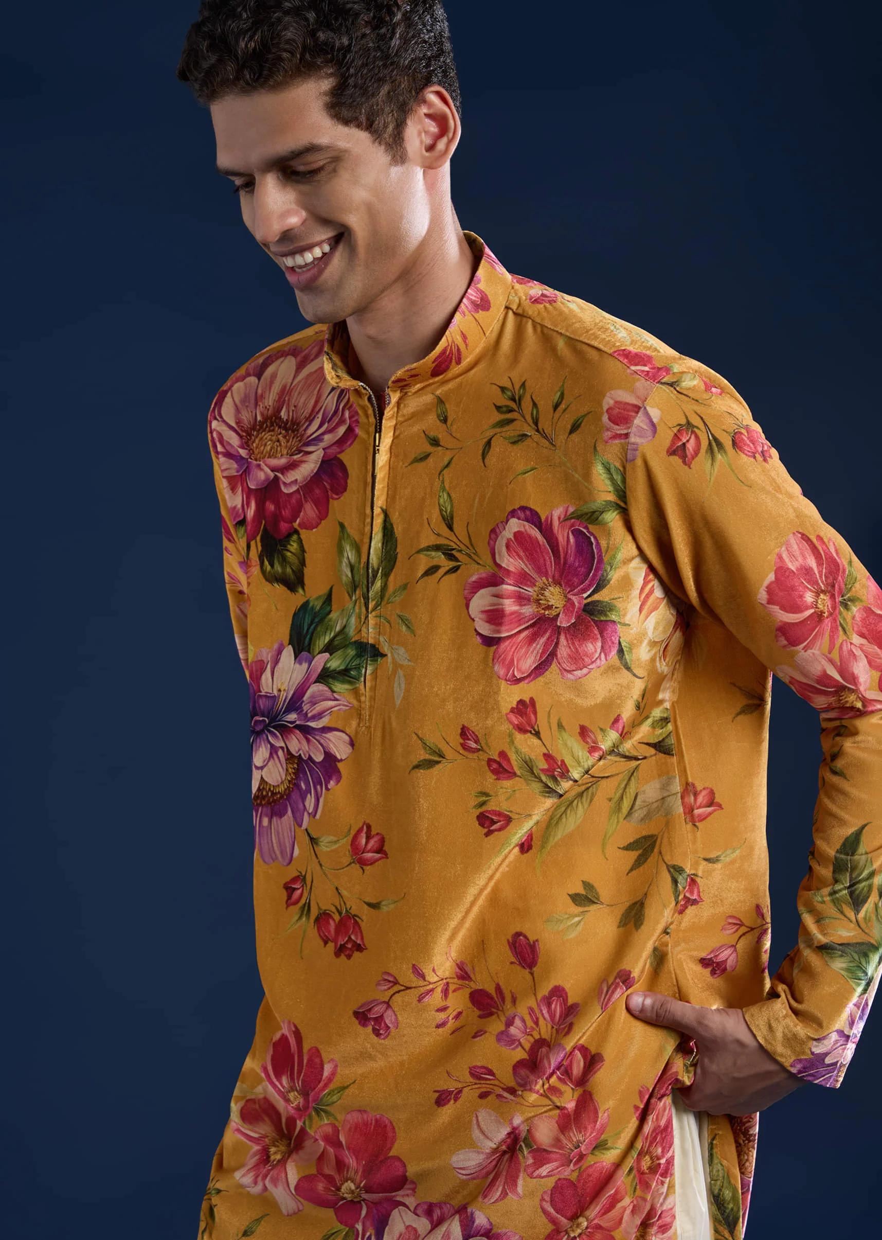 Yellow Floral Print Mens Kurta and Pant Set - Image 2