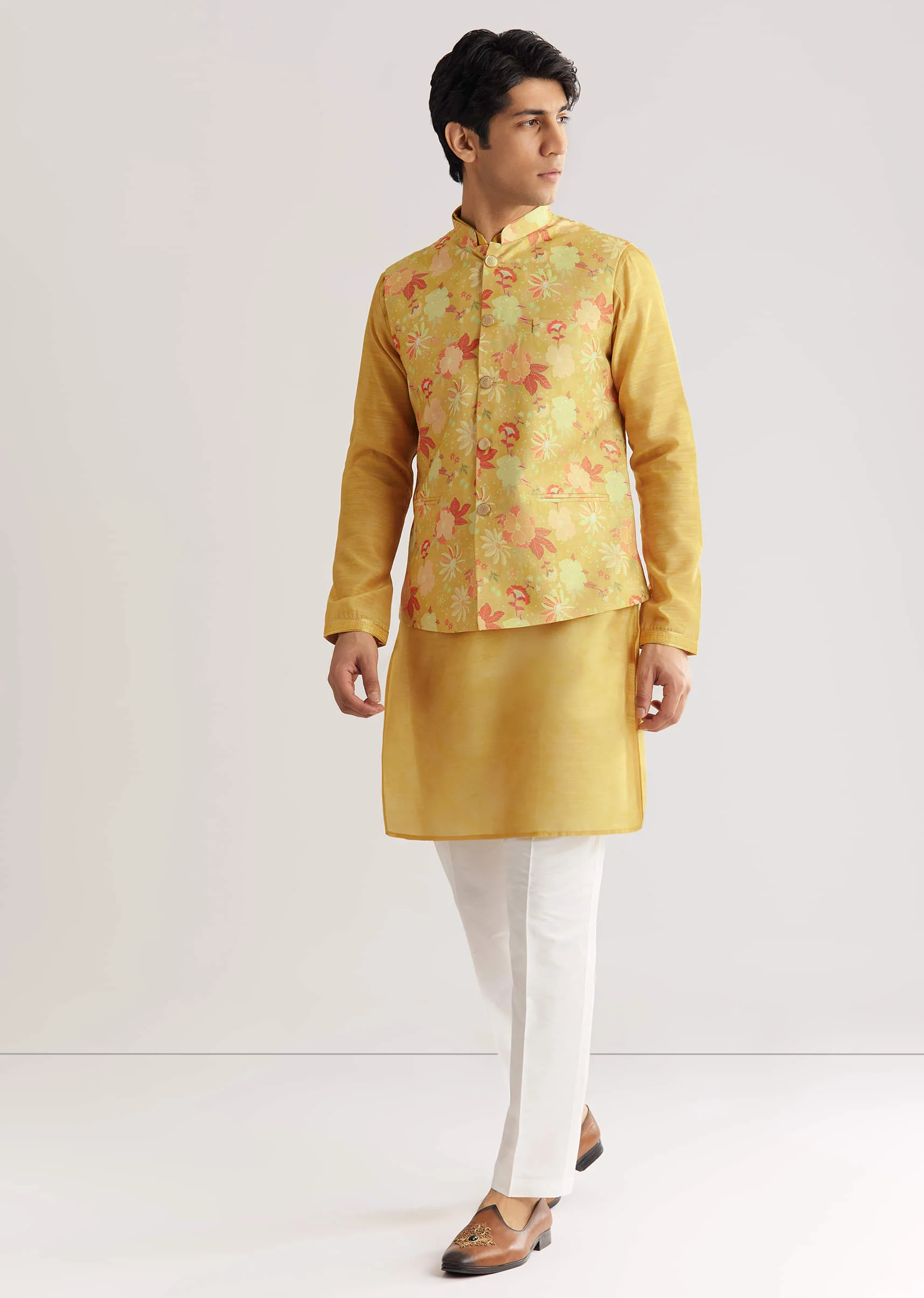 Yellow Floral Printed Jacket Kurta Set - Image 2