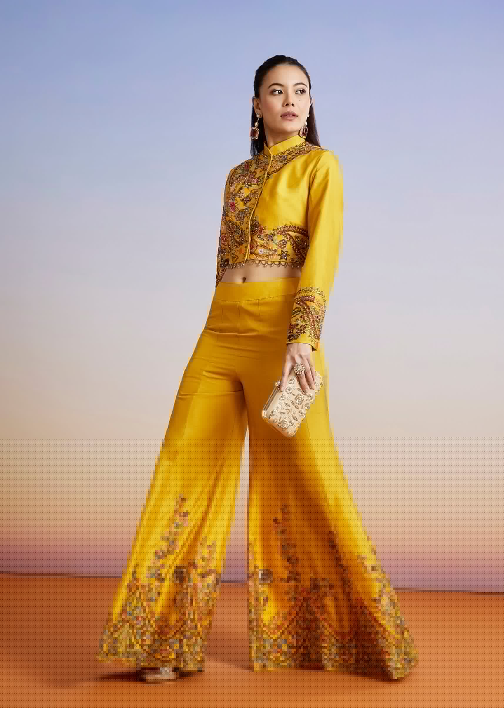Yellow Floral Printed Silk Blend Crop Top Palazzo Set - Image 3