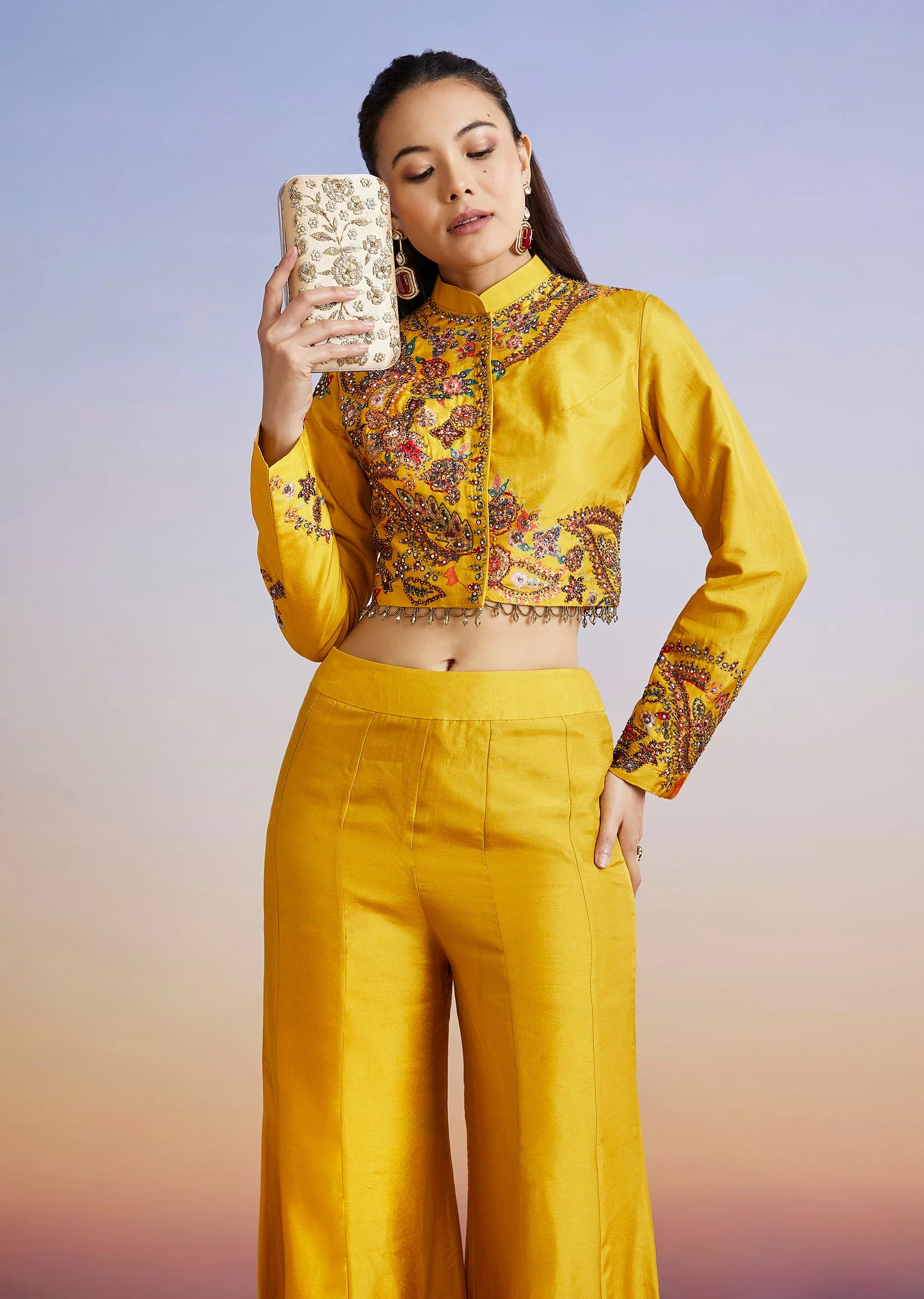 Yellow Floral Printed Silk Blend Crop Top Palazzo Set - Image 5