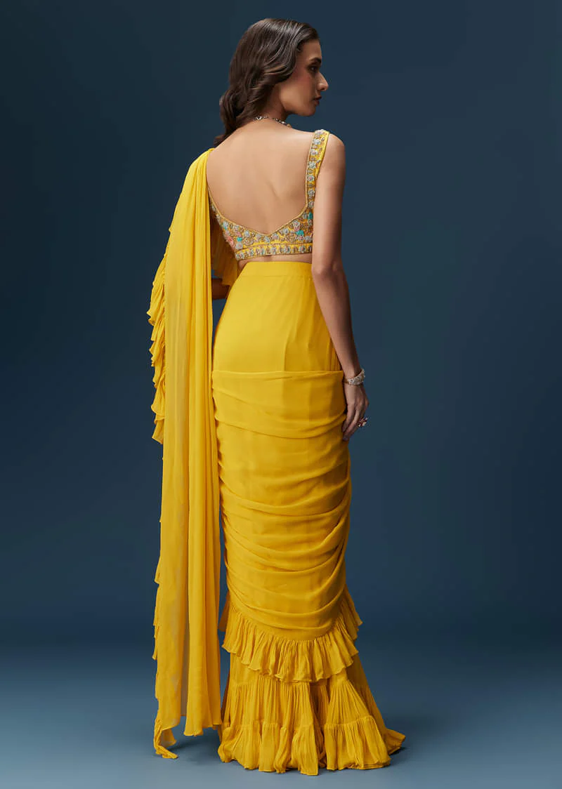 Yellow Frill Saree With Floral Embroidery - Image 2