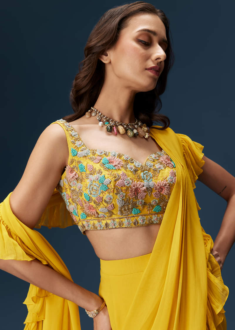 Yellow Frill Saree With Floral Embroidery - Image 4