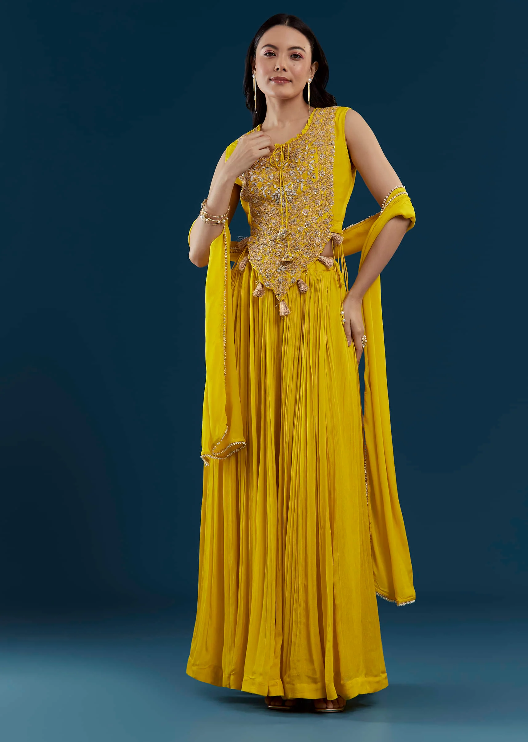 Yellow Fusion Crop Top Skirt Set with Zardozi Work - Image 3