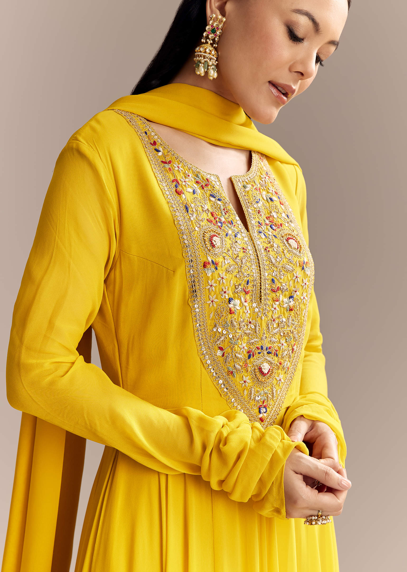 Yellow Georgette Anarkali Suit With Zari And Resham Work - Image 3