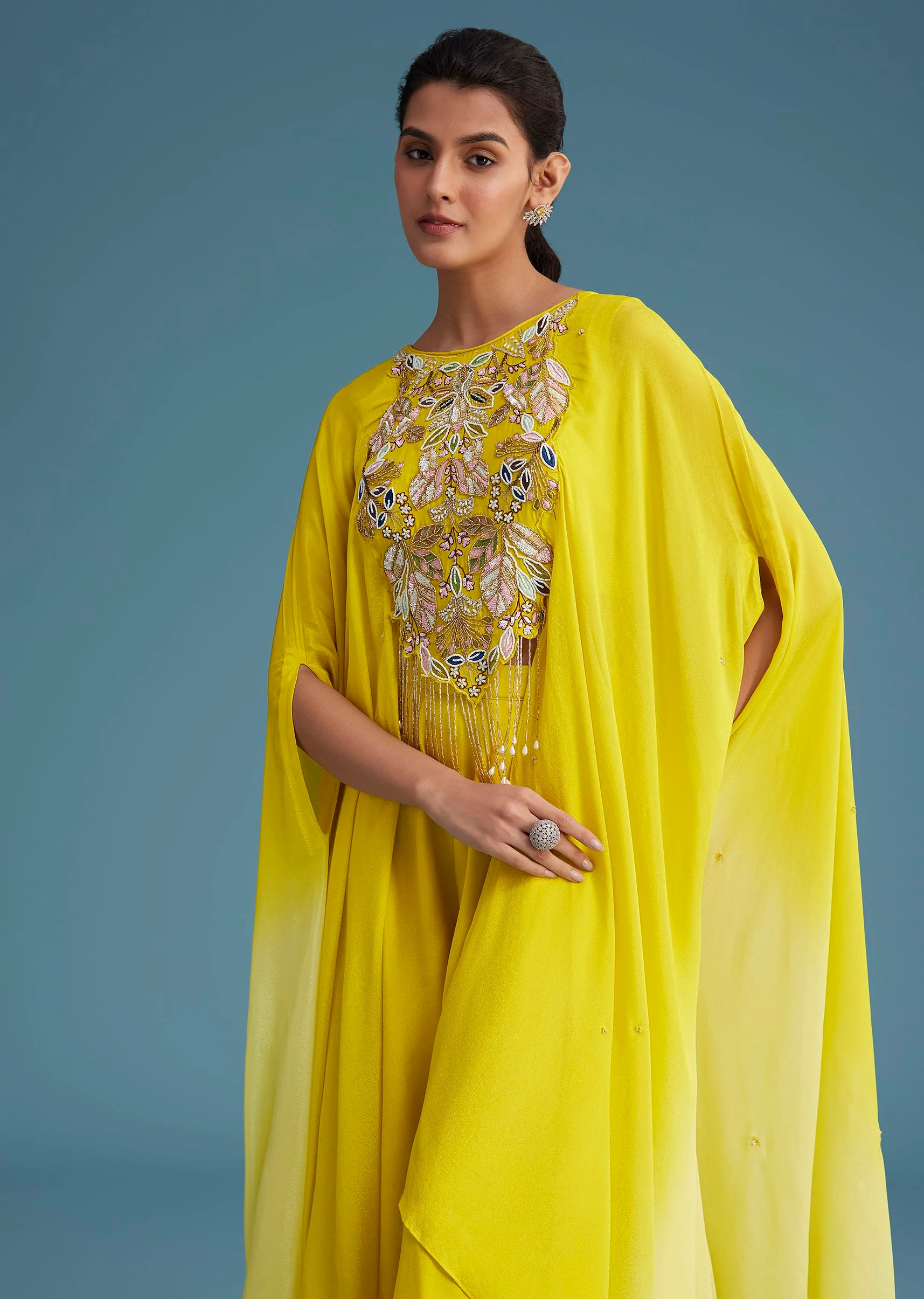 Yellow Georgette Crepe Palazzo Set With Ombre Sleeves - Image 4