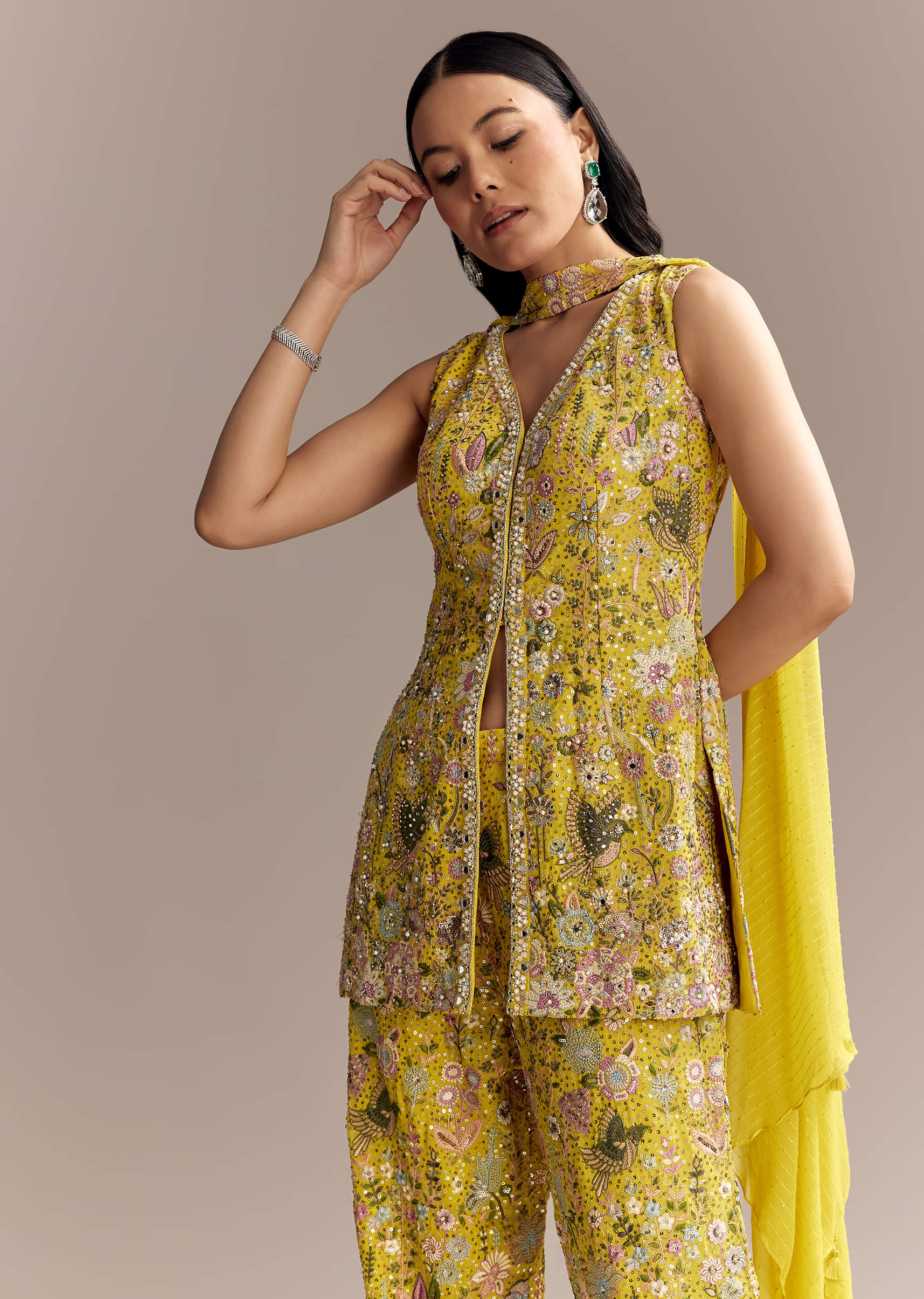 Yellow Georgette Palazzo Suit With Heavy Sequins And Resham Work - Image 4