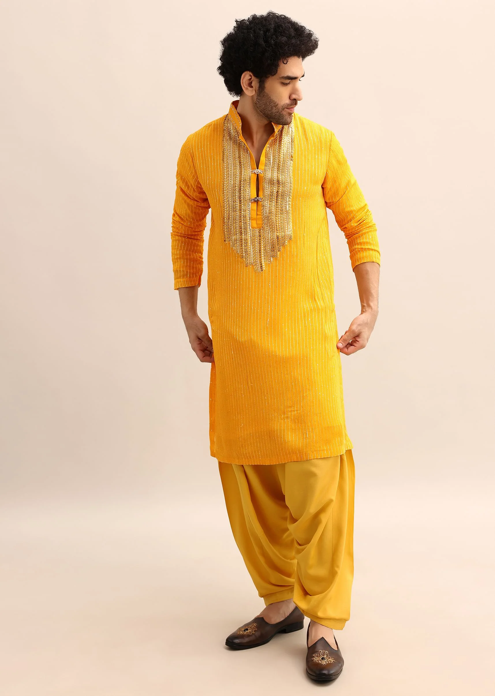 Yellow Gold Coin Work Kurta And Patiala Salwar Set - Image 3