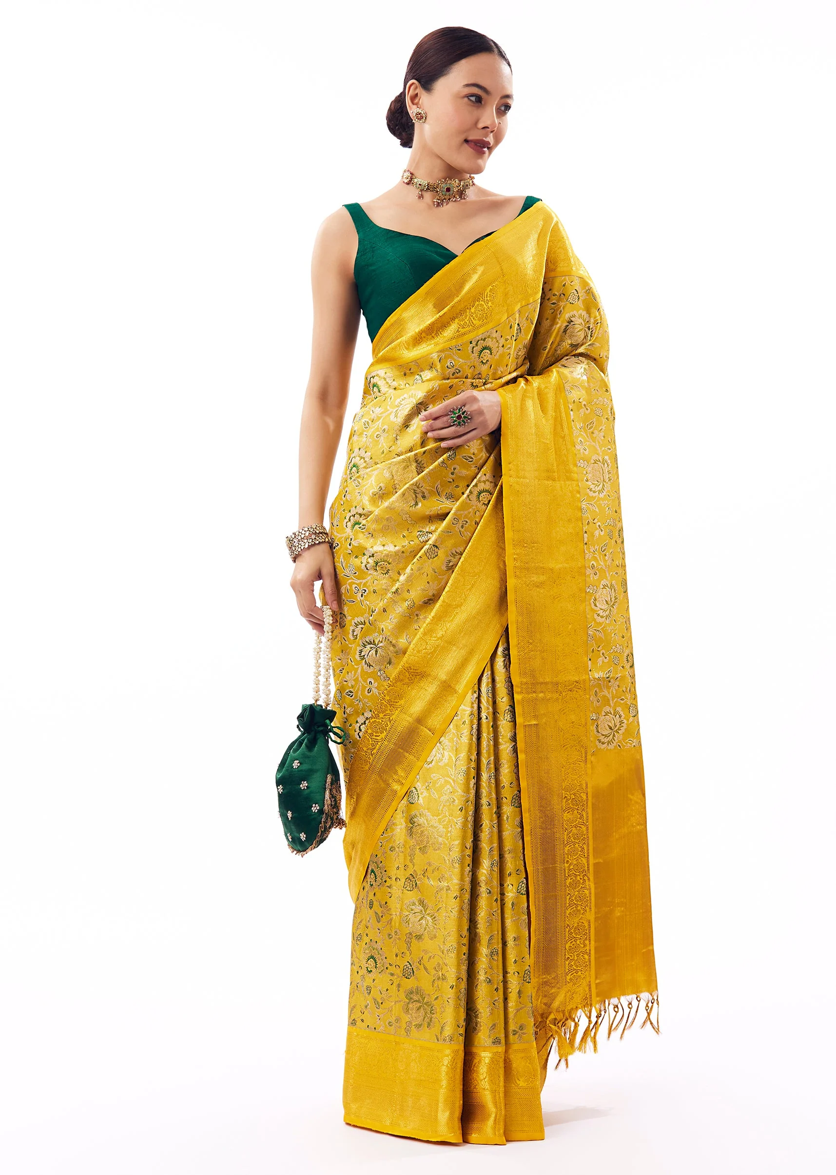 Yellow Gold South Silk Woven Saree With Floral Weave