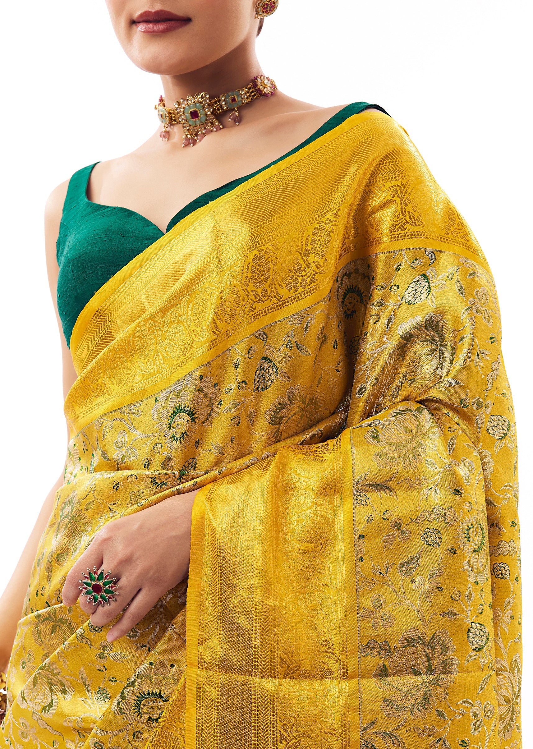 Yellow Gold South Silk Woven Saree With Floral Weave - Image 2