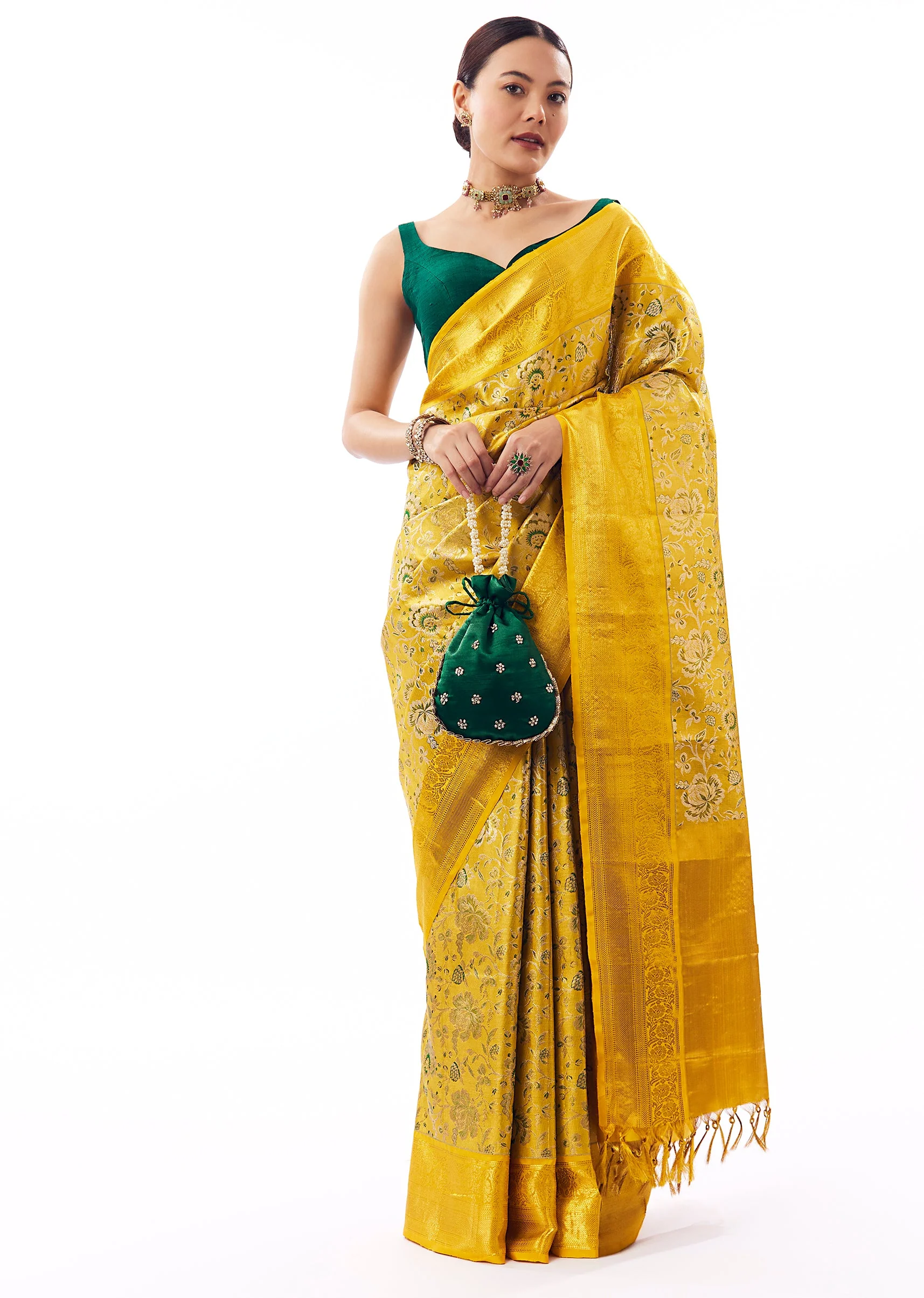 Yellow Gold South Silk Woven Saree With Floral Weave - Image 3