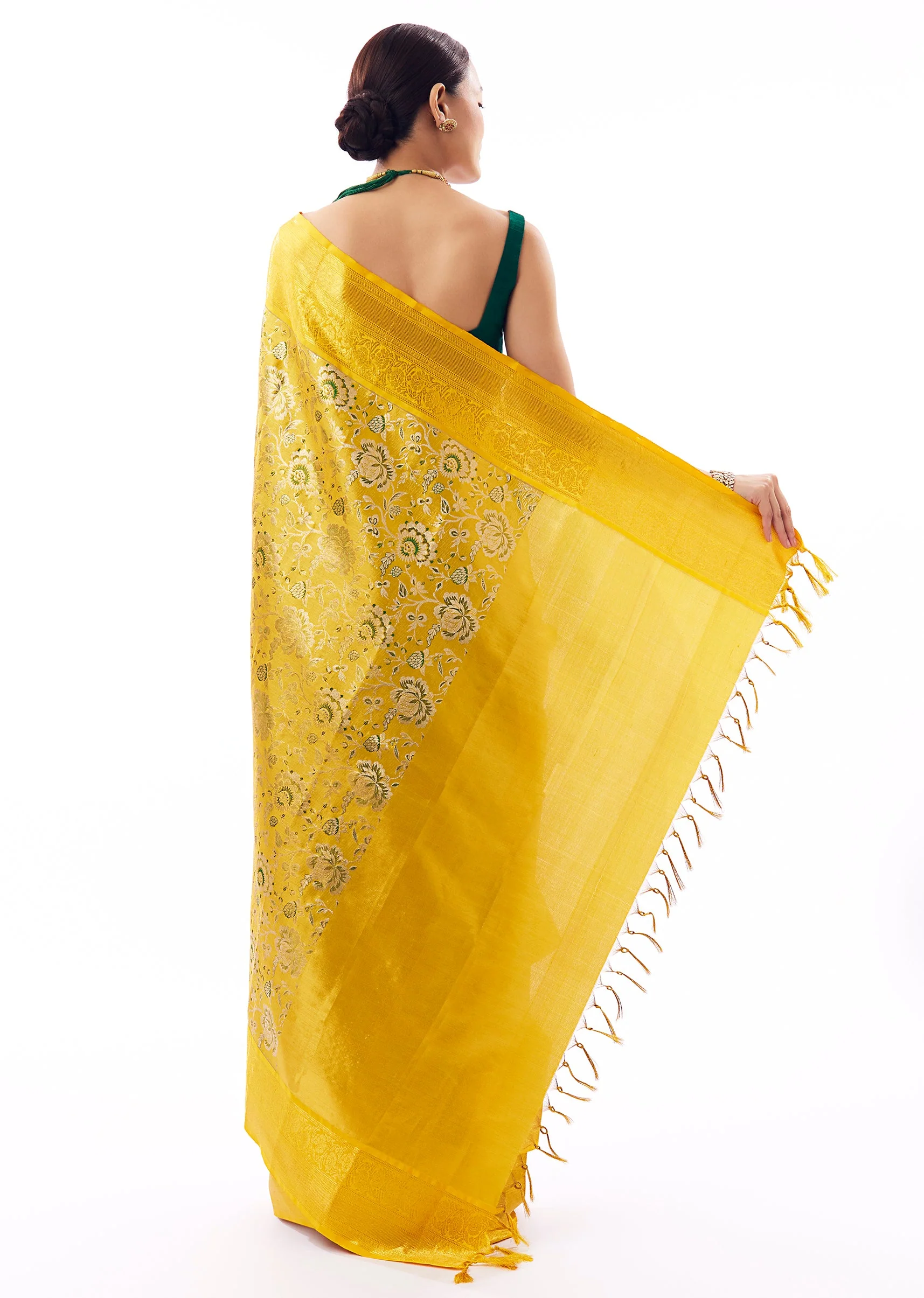 Yellow Gold South Silk Woven Saree With Floral Weave - Image 4
