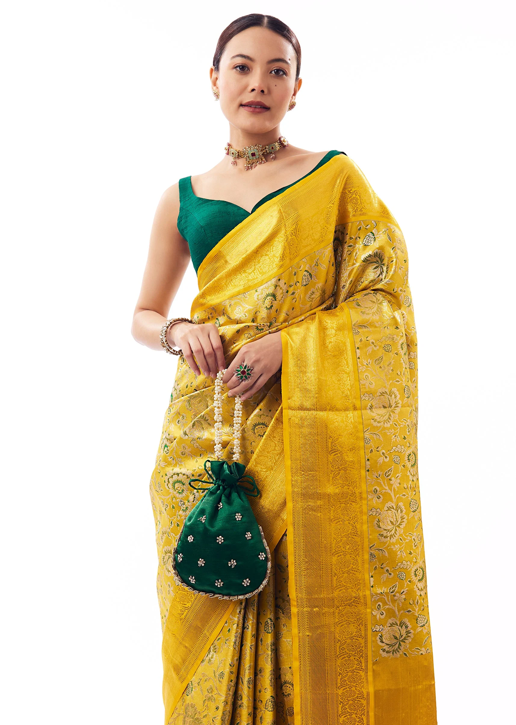 Yellow Gold South Silk Woven Saree With Floral Weave - Image 5