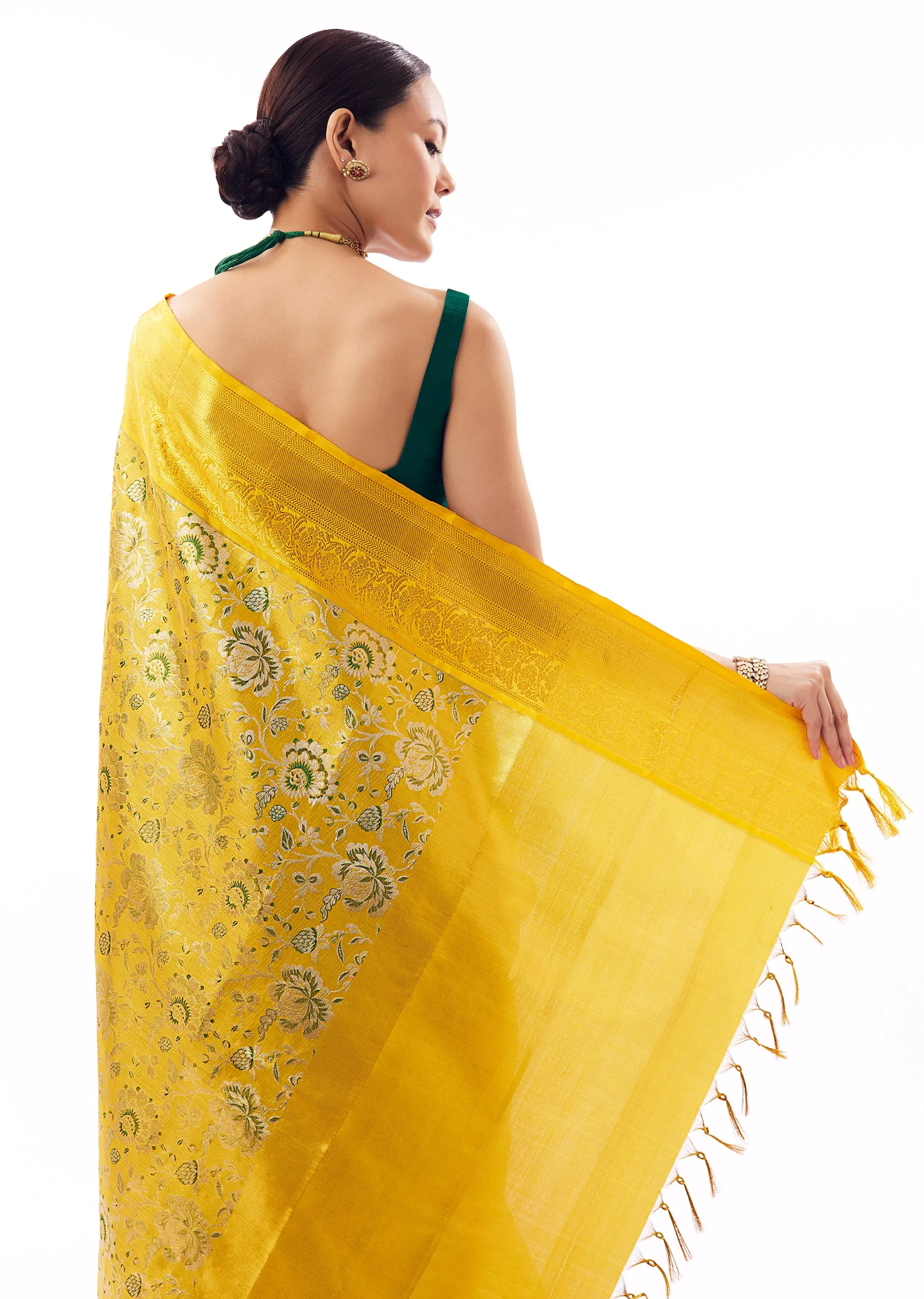 Yellow Gold South Silk Woven Saree With Floral Weave - Image 6