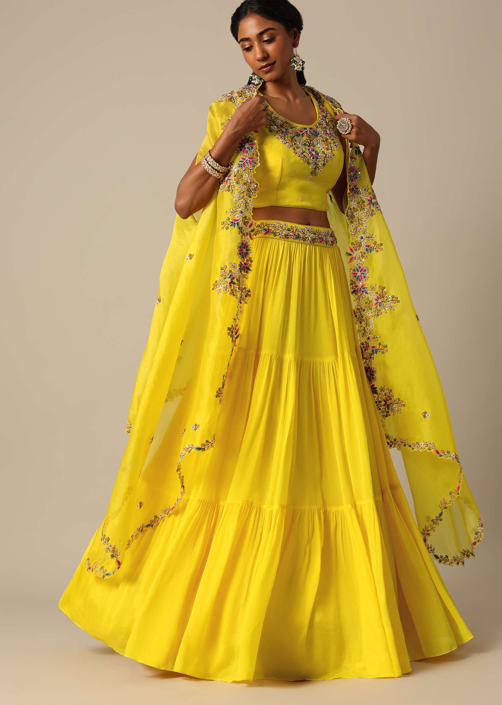 Yellow Hand Embroidered Long Jacket And Lehenga Set - Image 3