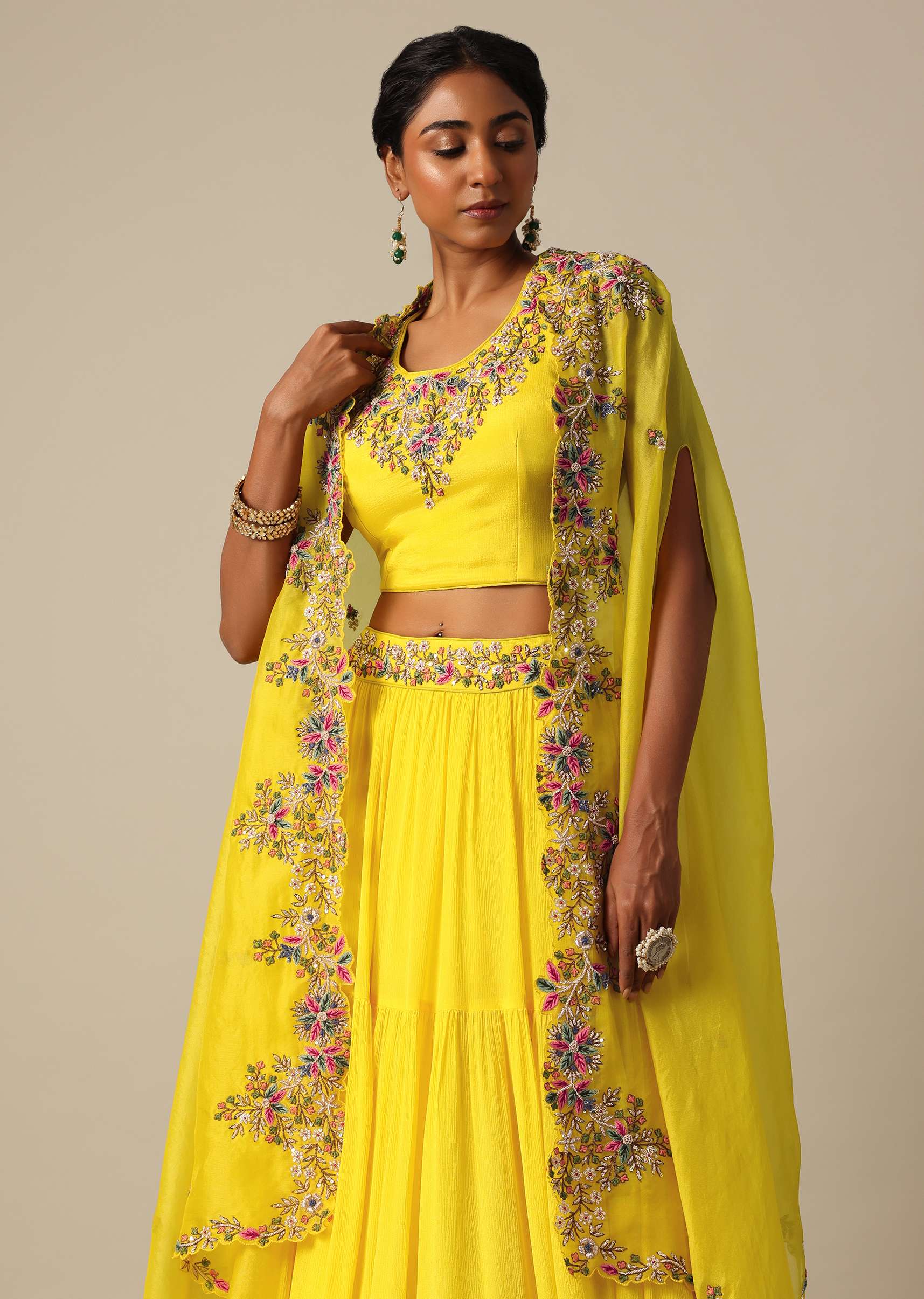 Yellow Hand Embroidered Long Jacket And Lehenga Set - Image 5