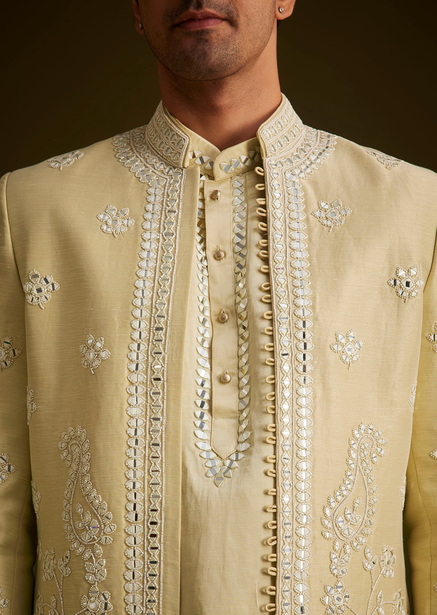Yellow Hand Embroidered Sherwani Set - Image 3