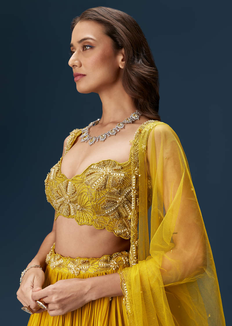 Yellow Indo Western Lehenga With Rushed Skirt And Embroidered Dupatta - Image 4