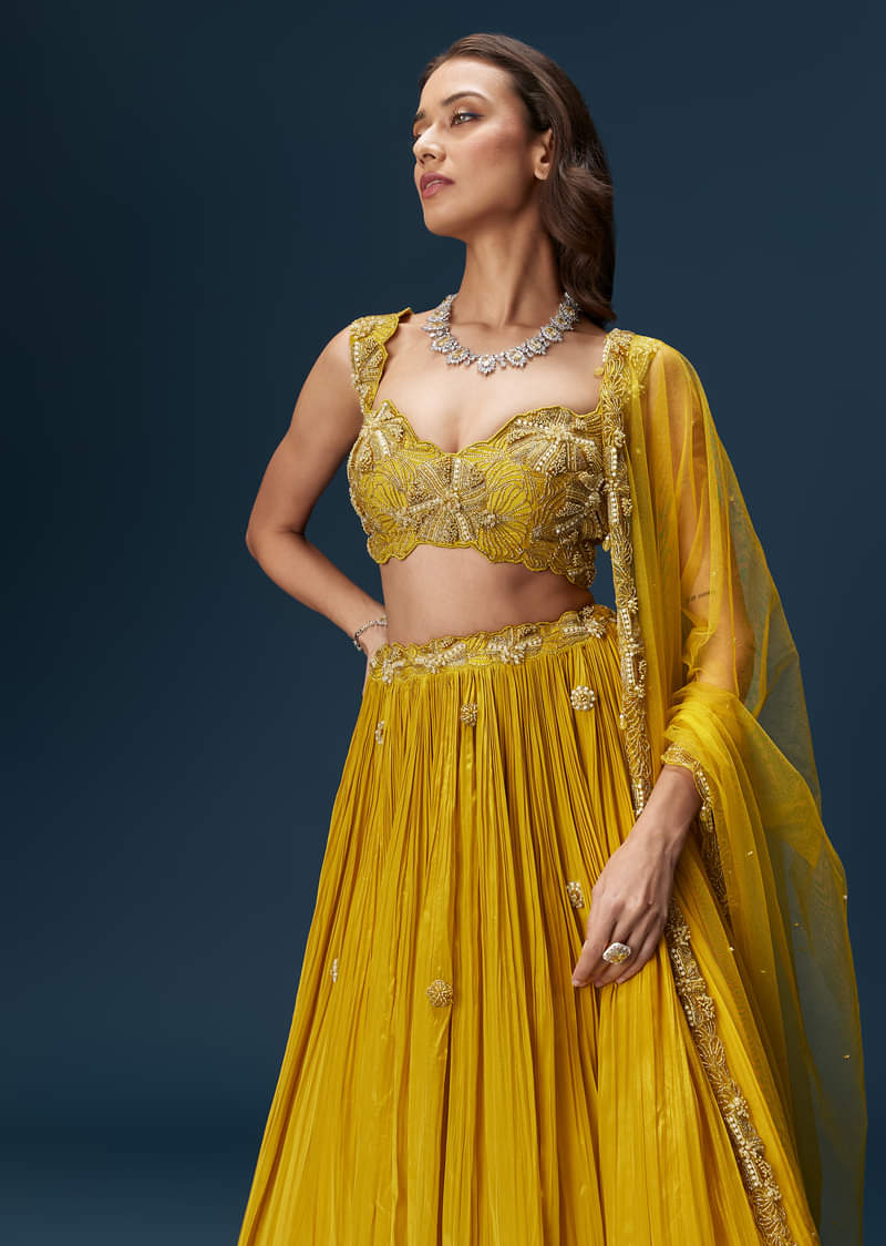 Yellow Indo Western Lehenga With Rushed Skirt And Embroidered Dupatta - Image 5