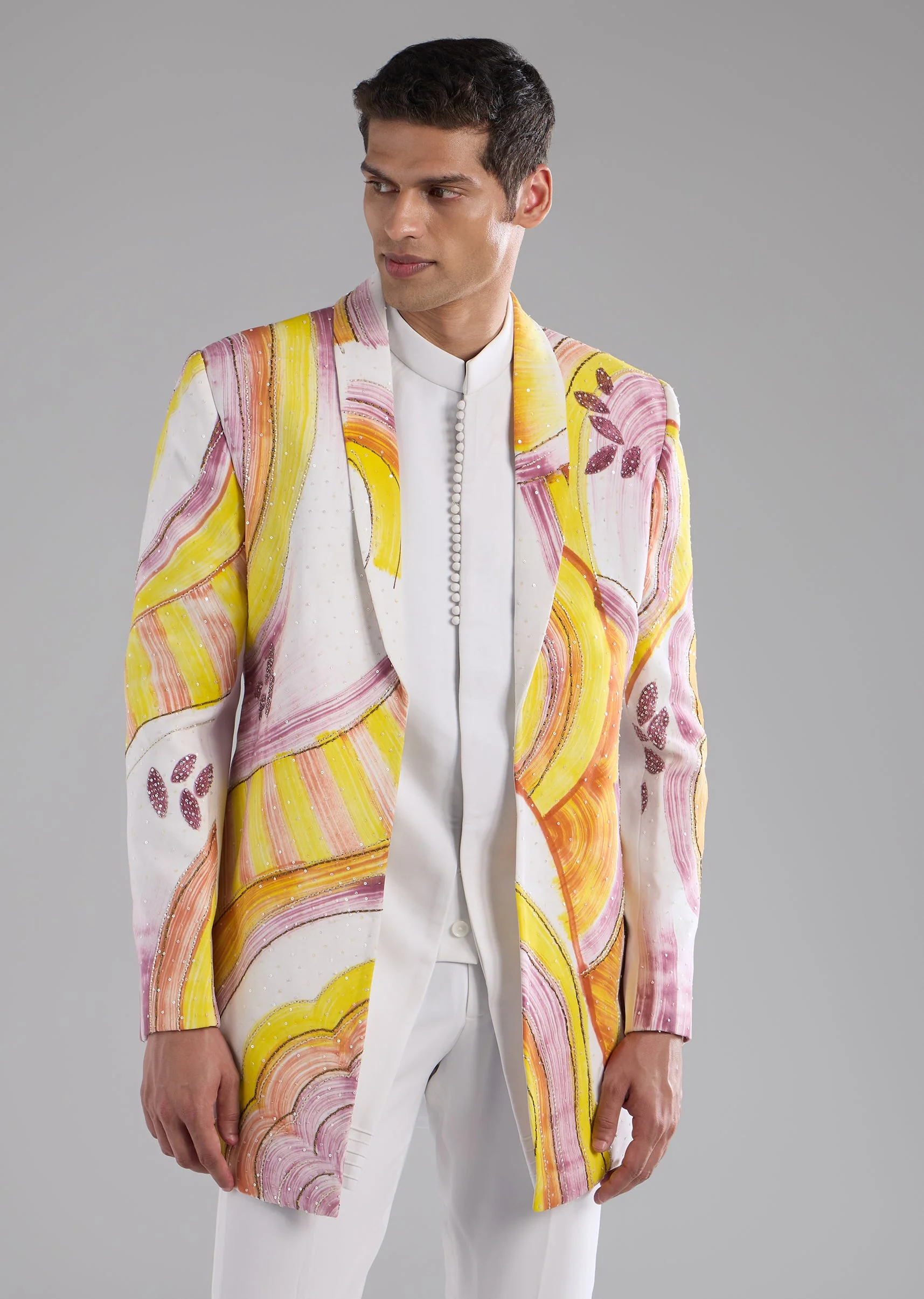 Yellow Indowestern Kurta Set with Resham Work - Image 4