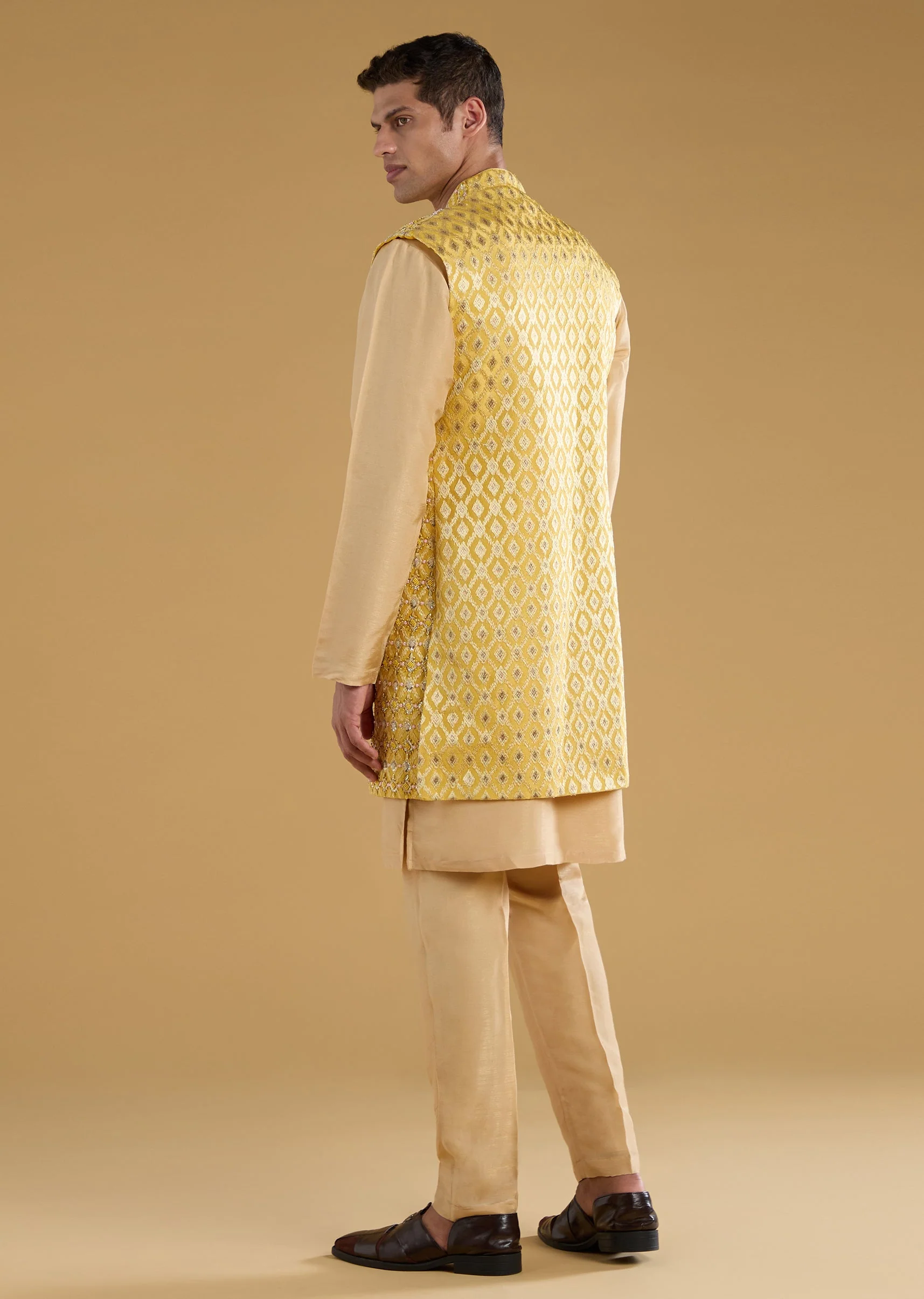 Yellow Jacquard Embroidered Jacket and Kurta Set - Image 5