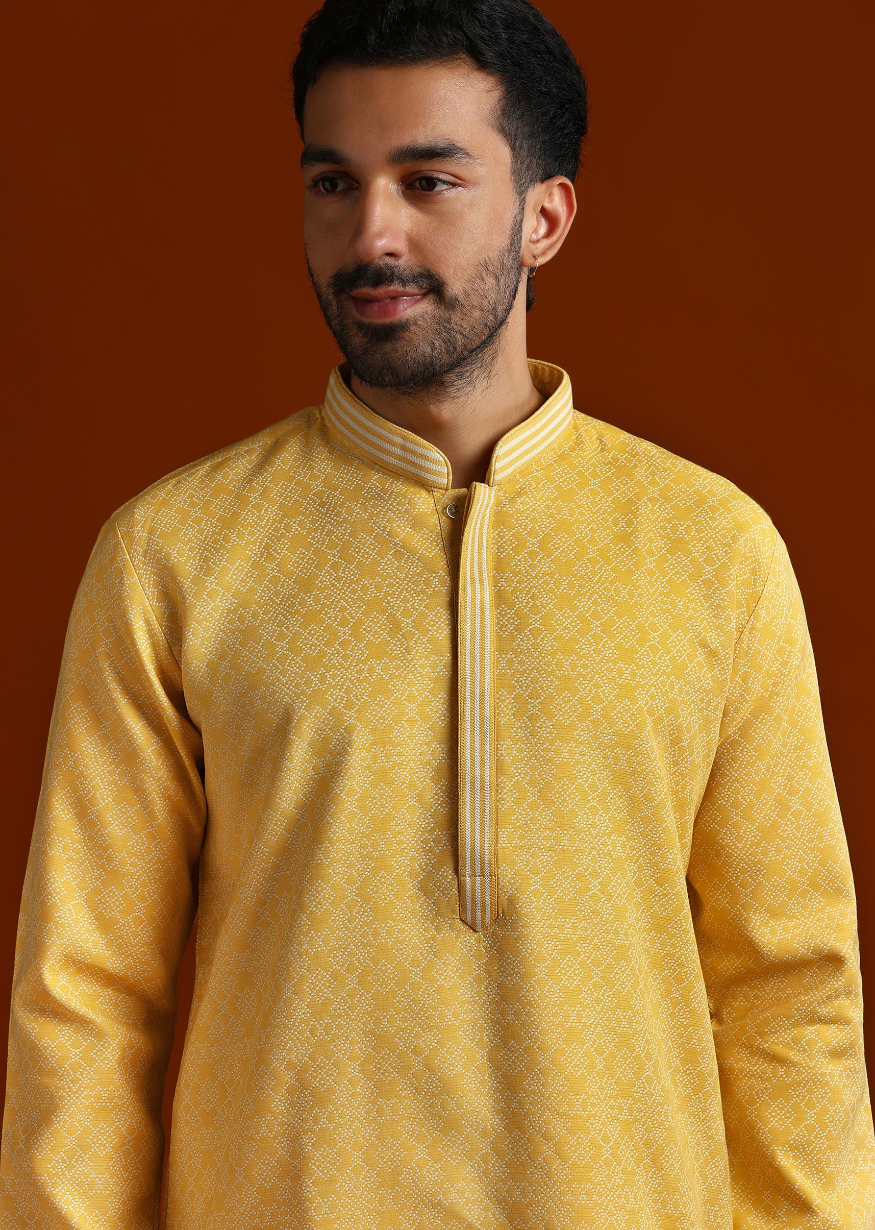 Yellow Jacquard Kurta Set For Men With Subtle Print