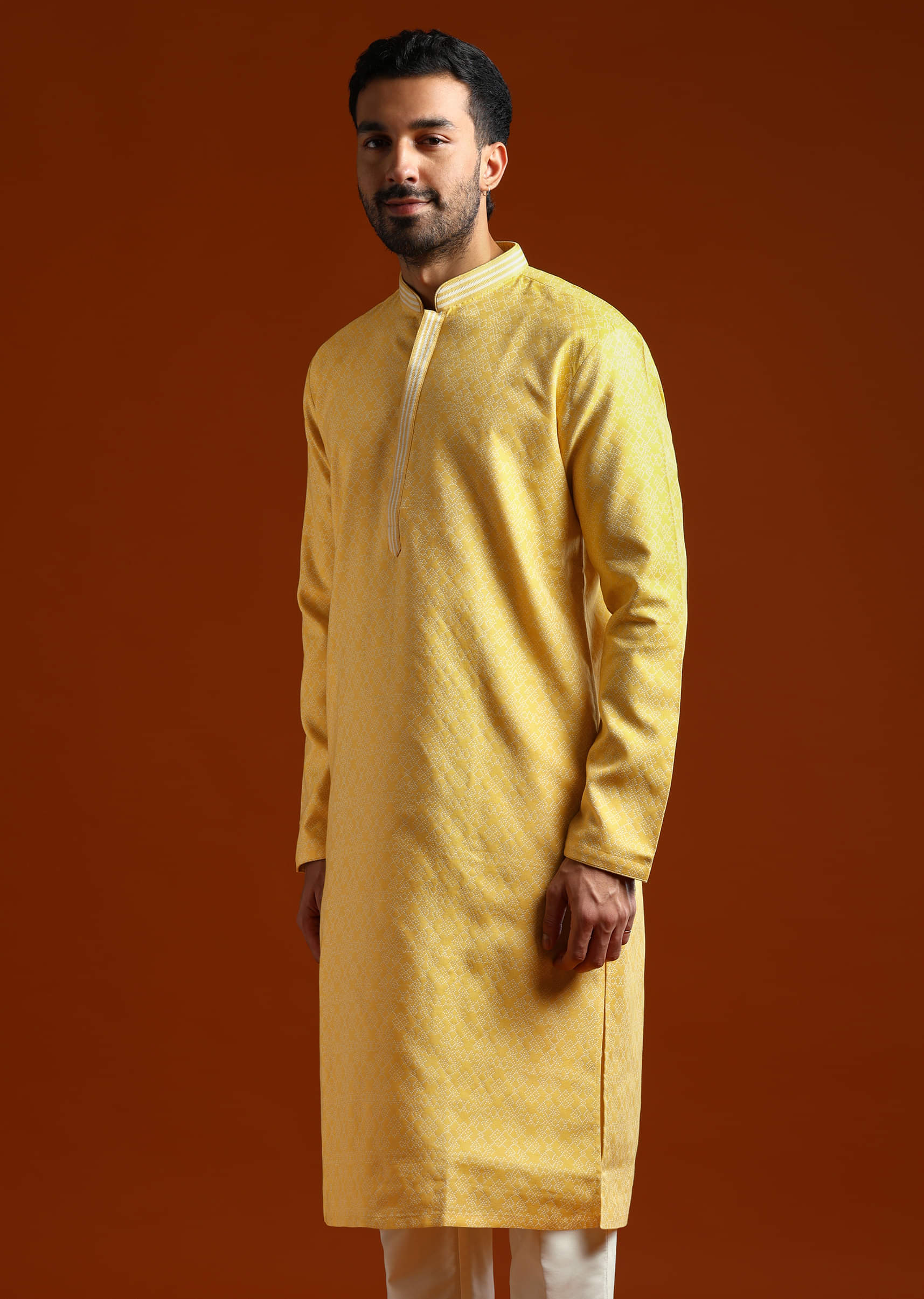 Yellow Jacquard Kurta Set For Men With Subtle Print - Image 3