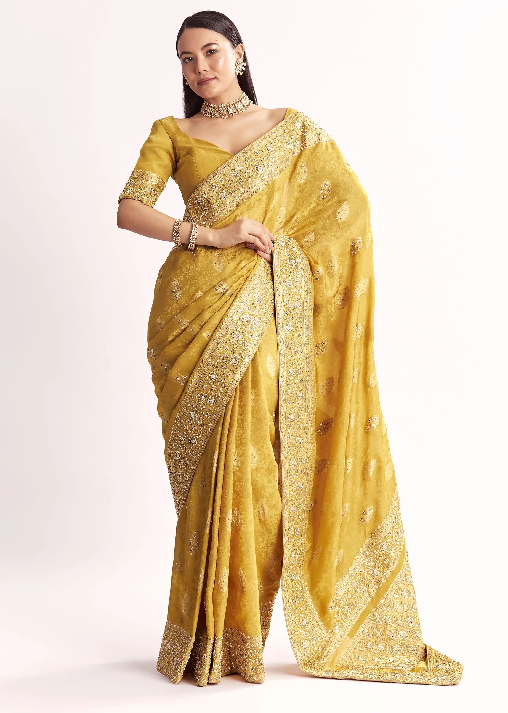 Yellow Jacquard Silk Saree With Woven Brocade Zari Work - Image 3