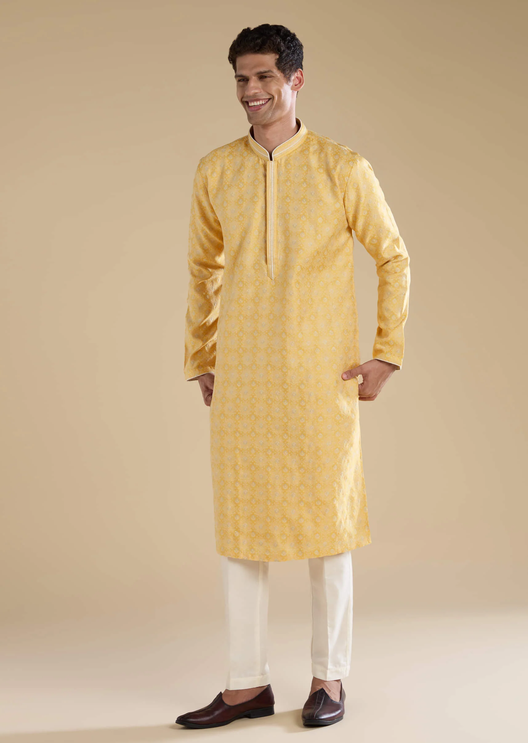 Yellow Jacquard Straight Mens Kurta and Pant Set - Image 2