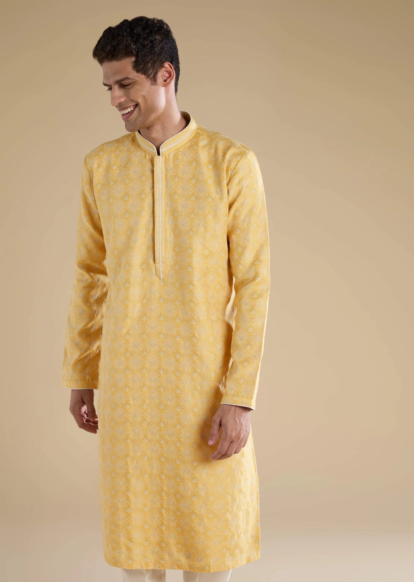 Yellow Jacquard Straight Mens Kurta and Pant Set - Image 3