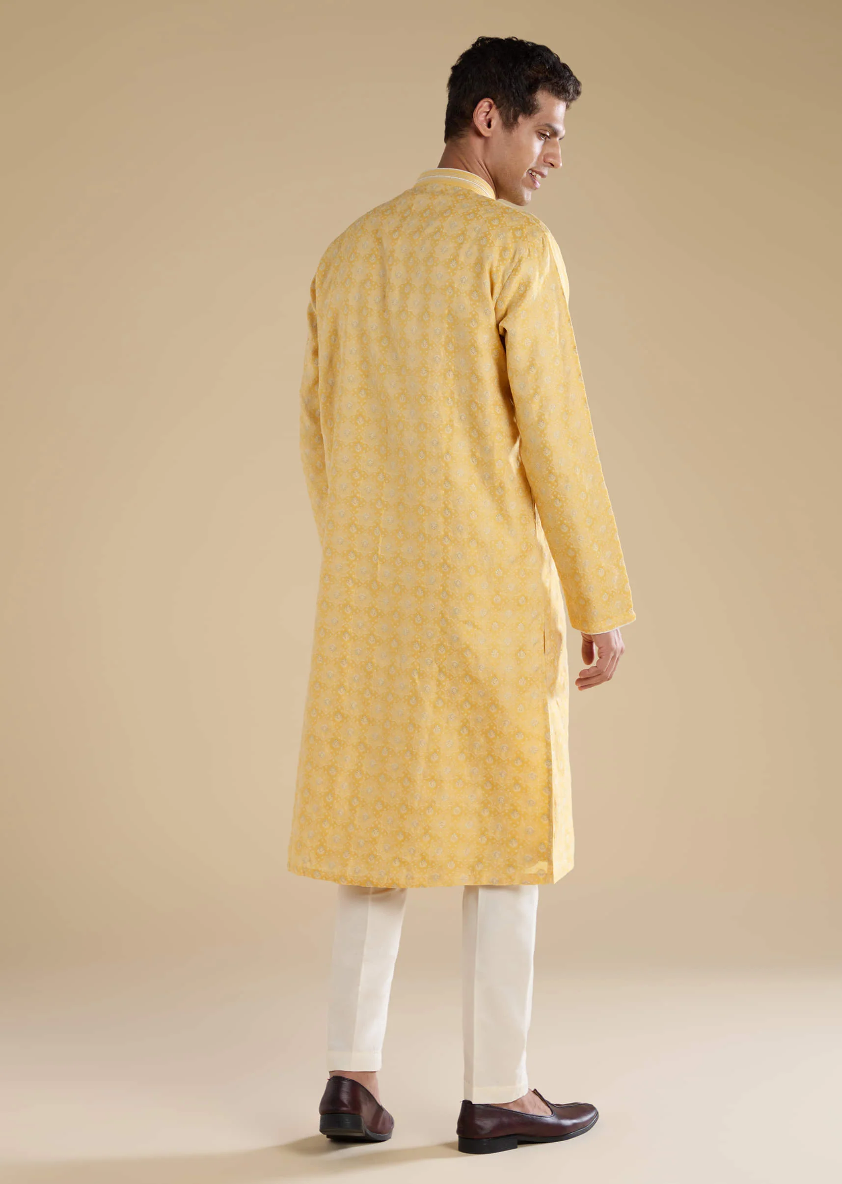 Yellow Jacquard Straight Mens Kurta and Pant Set - Image 5