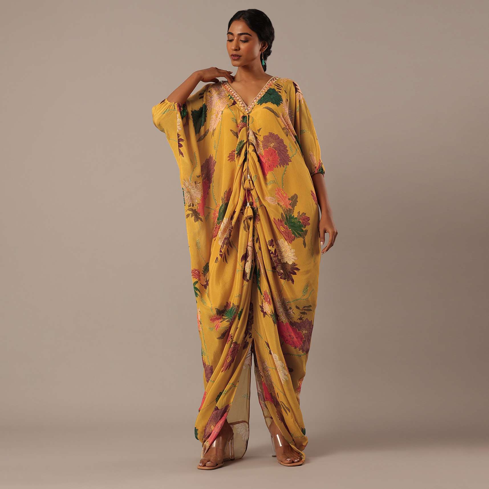 Yellow Kaftan Style Kurta Set With Floral Prints - Image 2