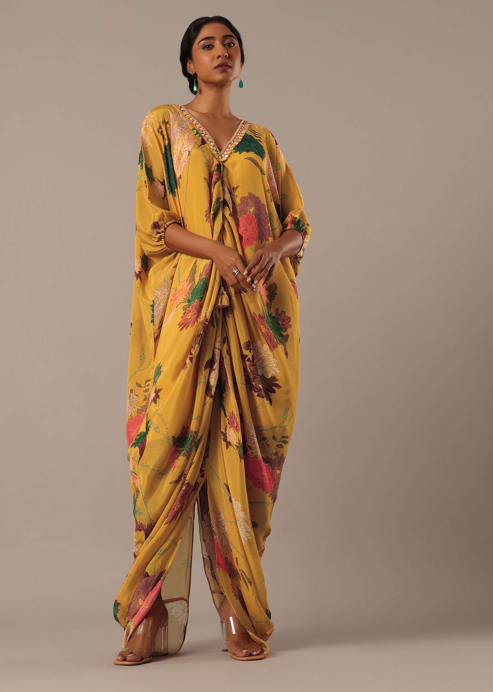 Yellow Kaftan Style Kurta Set With Floral Prints - Image 4