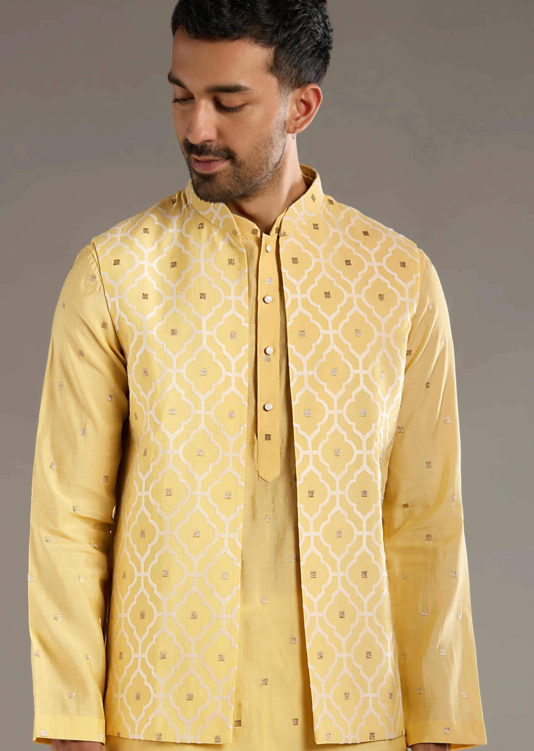 Yellow Kurta Jacket Set For Men With Hand Embroidery