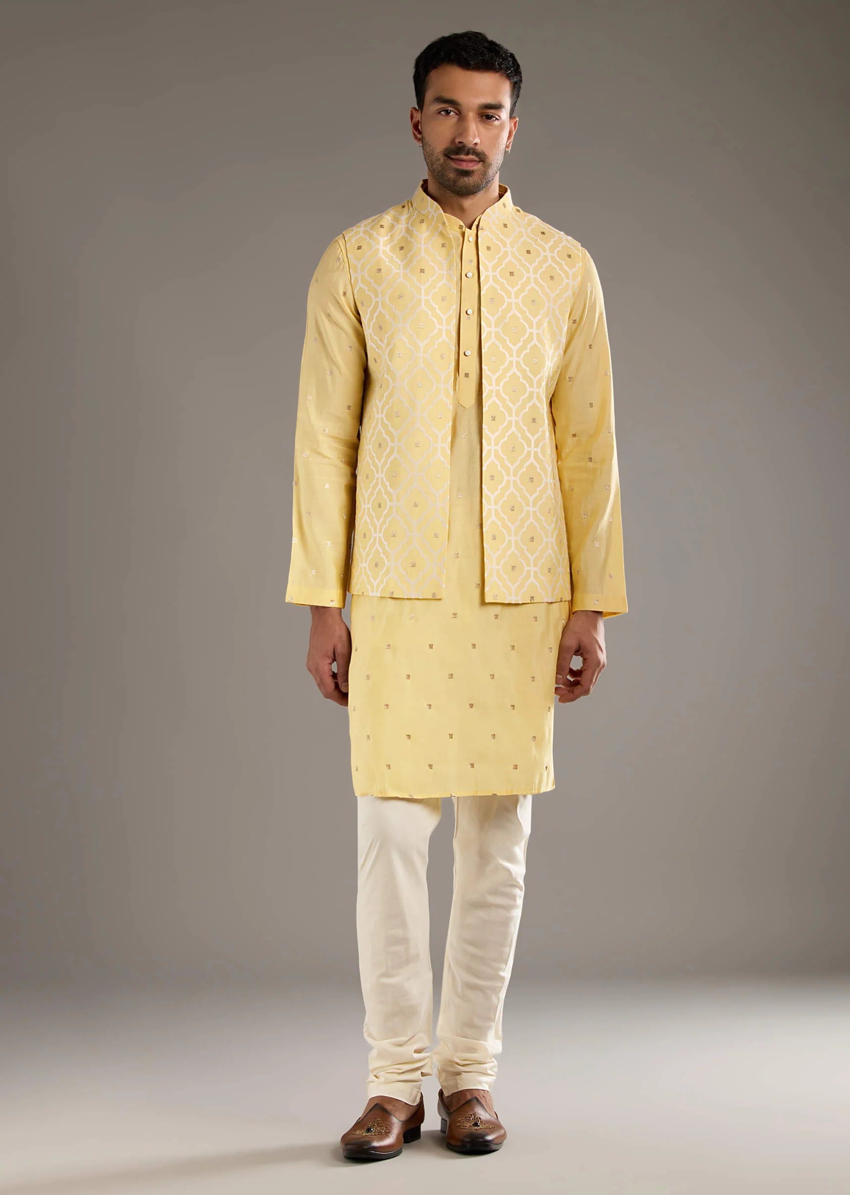 Yellow Kurta Jacket Set For Men With Hand Embroidery - Image 2